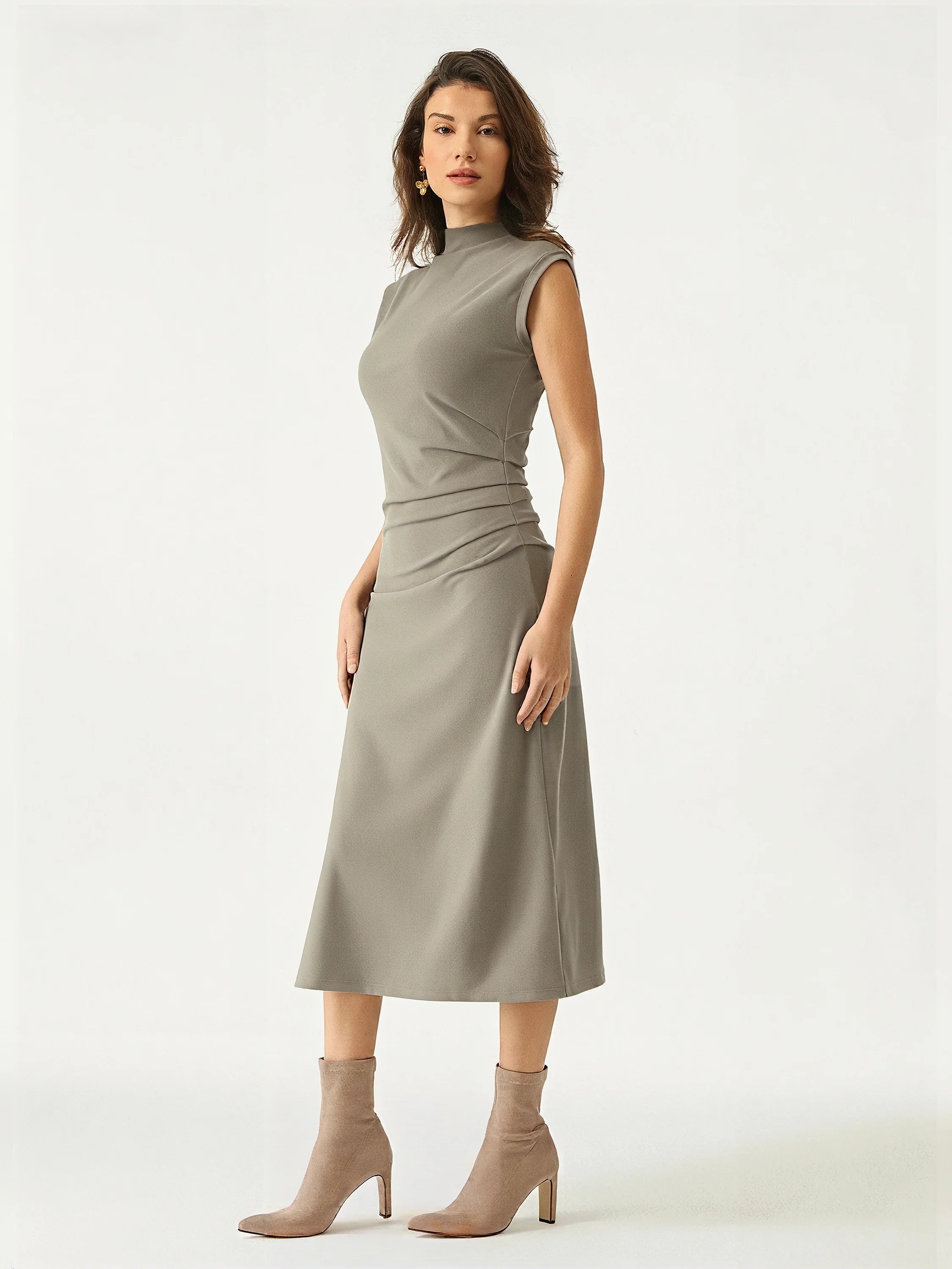 Mockneck Tucks Midi Dress