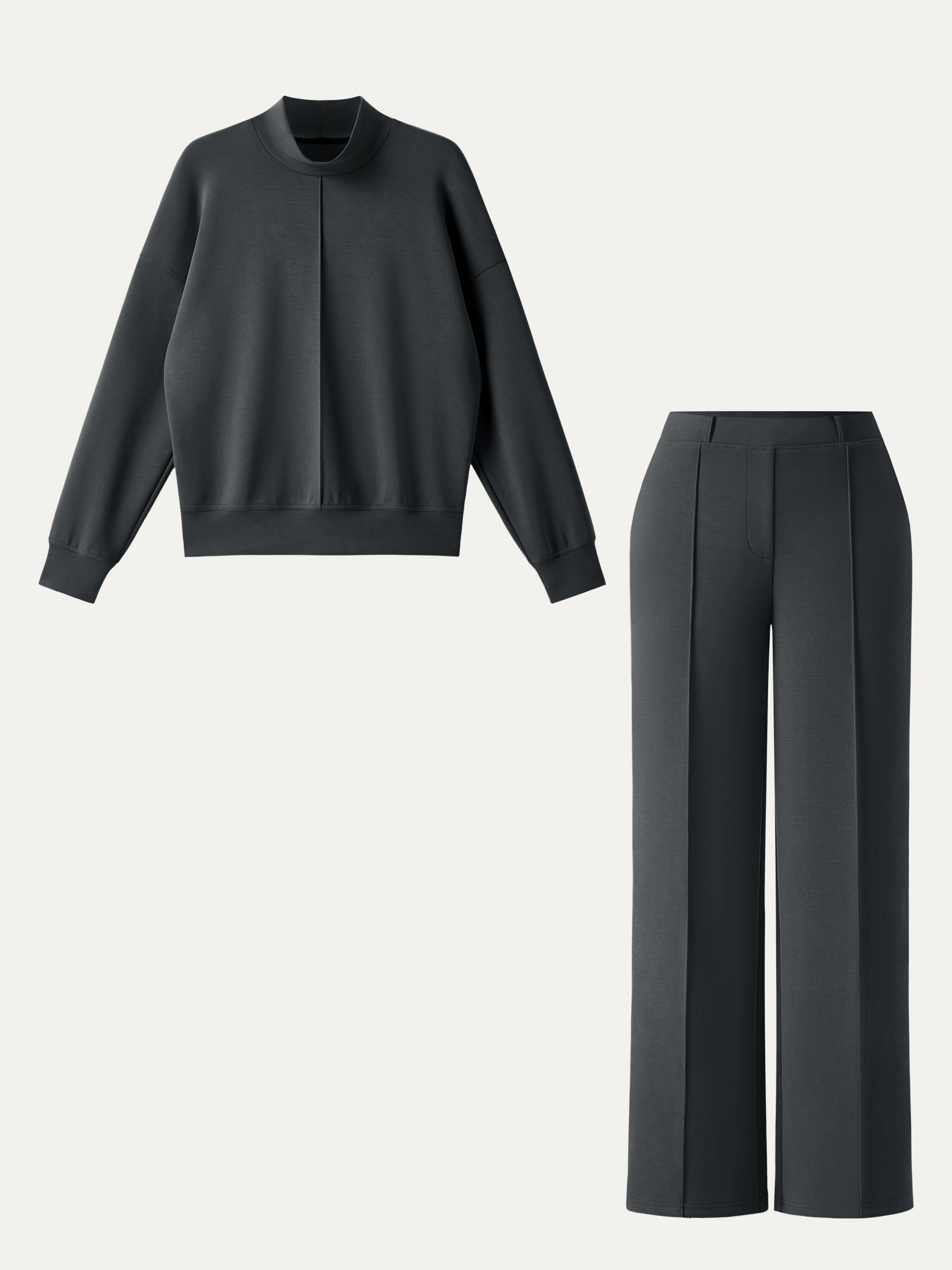Jero ™ | 2Pcs Set Mockneck Pullover Shirt & Mid Rise Straight Leg Pants with Pockets