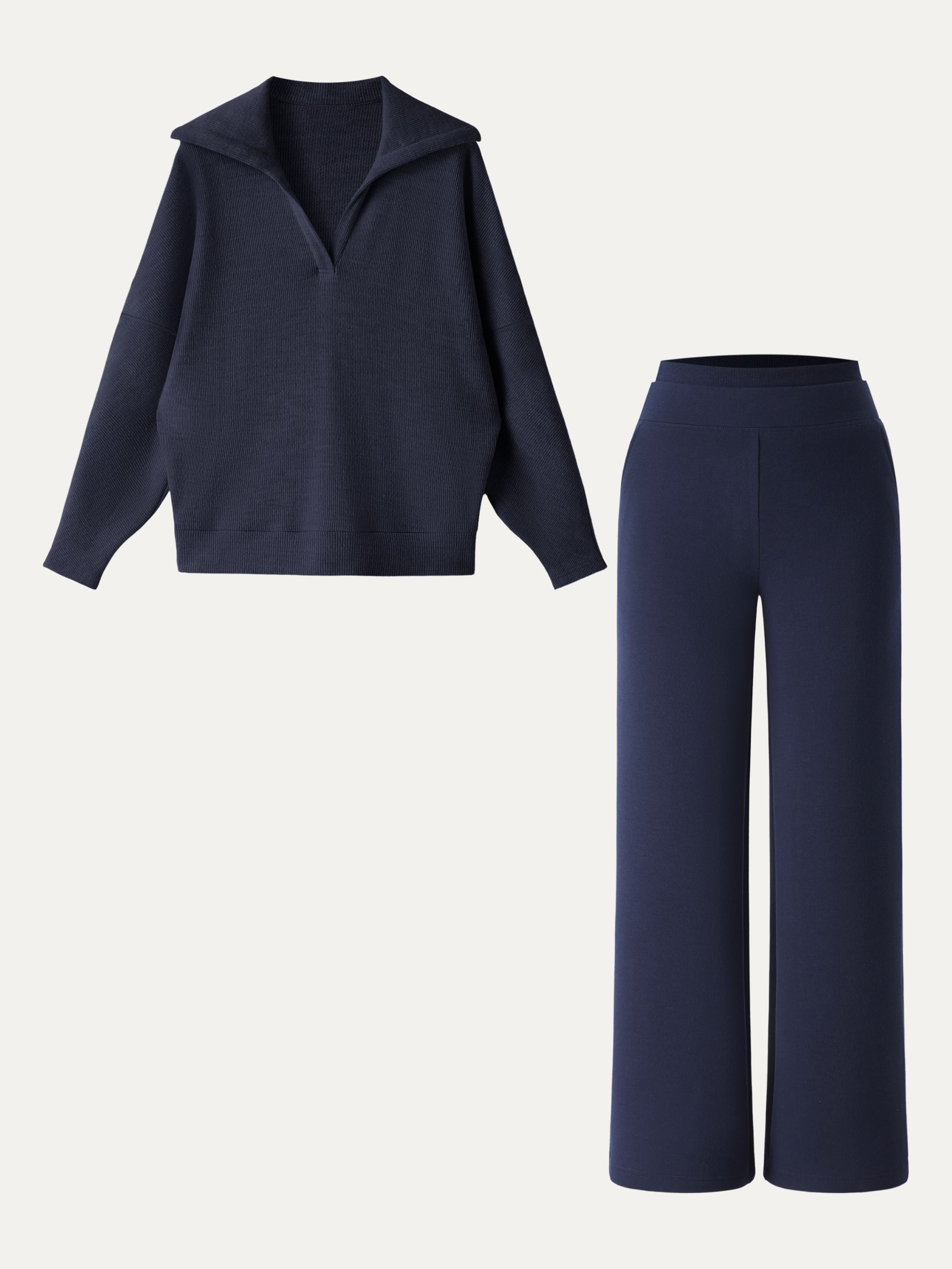 Jero ™ | 2Pcs Set Double Waistband Straight Pants & V-Neck Batwing Sleeve Pullover