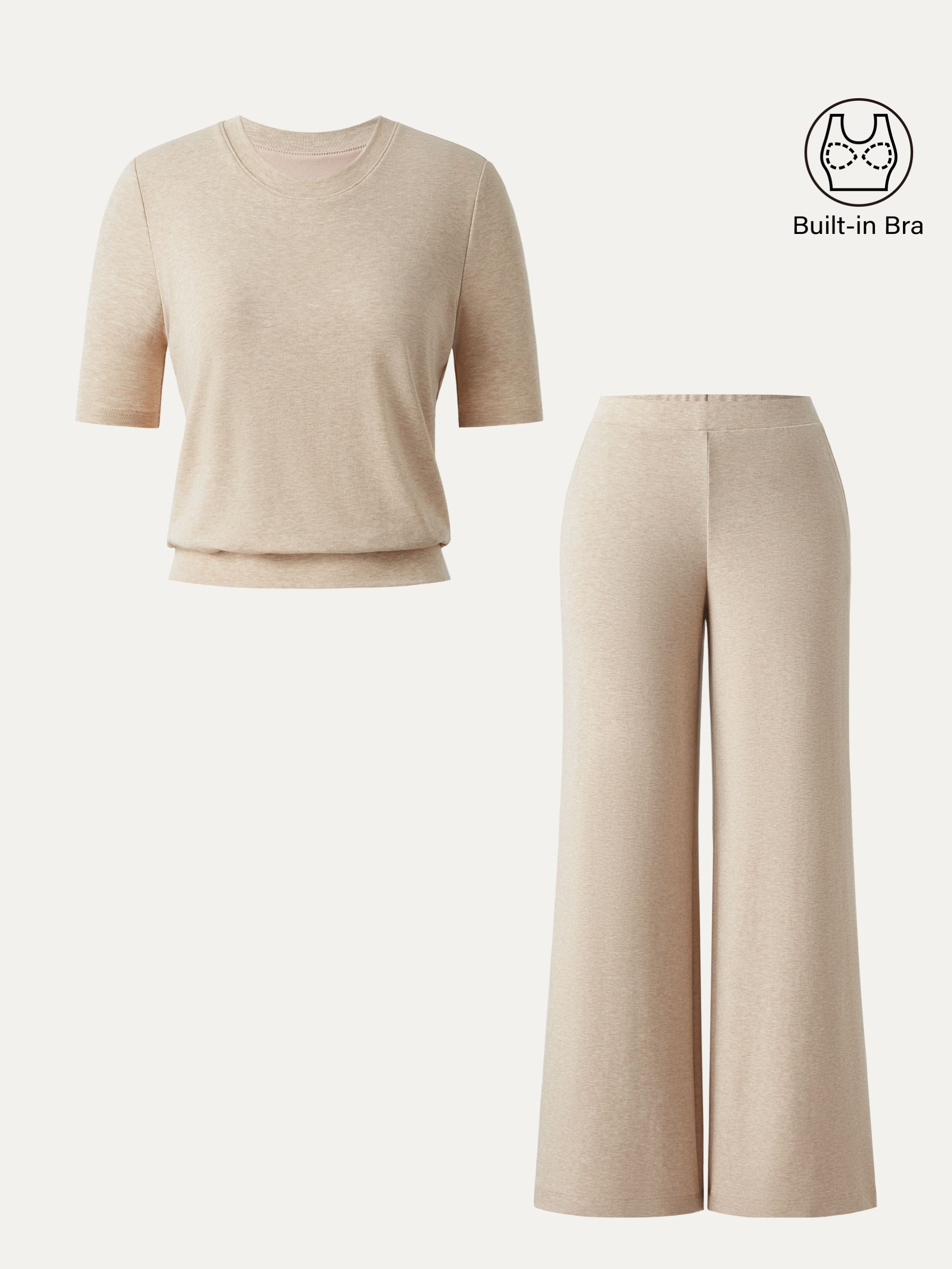 Jero ™ | 2Pcs Set Petite Mid Rise Wide Leg Pants with Pockets & Crewneck Brami with Banded Hem