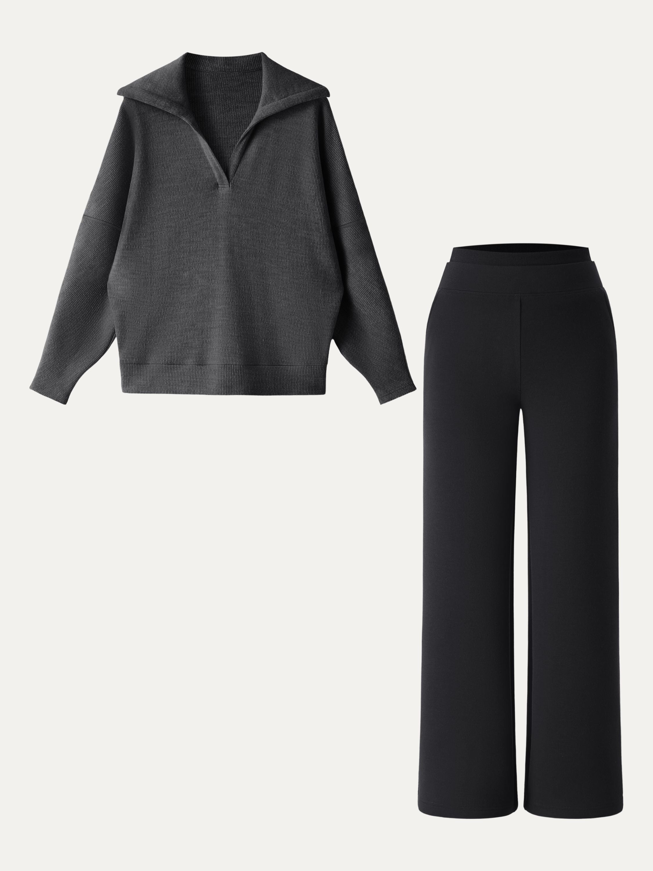 Jero ™ | 2Pcs Set Double Waistband Straight Pants & V-Neck Batwing Sleeve Pullover