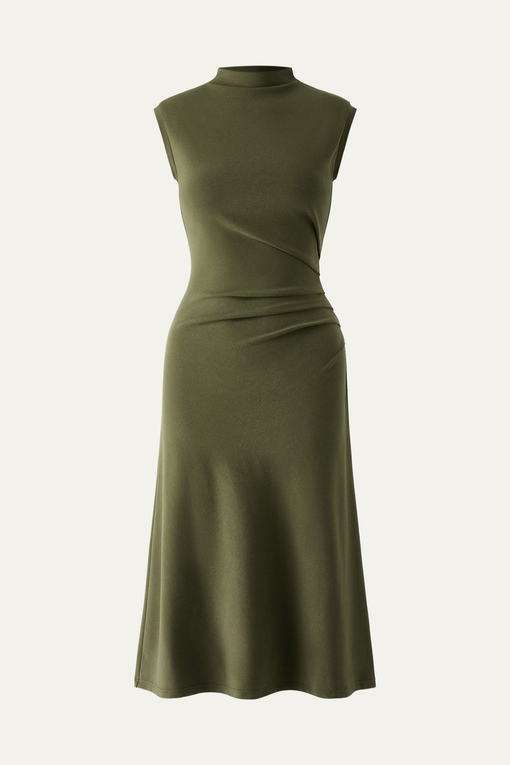 Mockneck Tucks Midi Dress