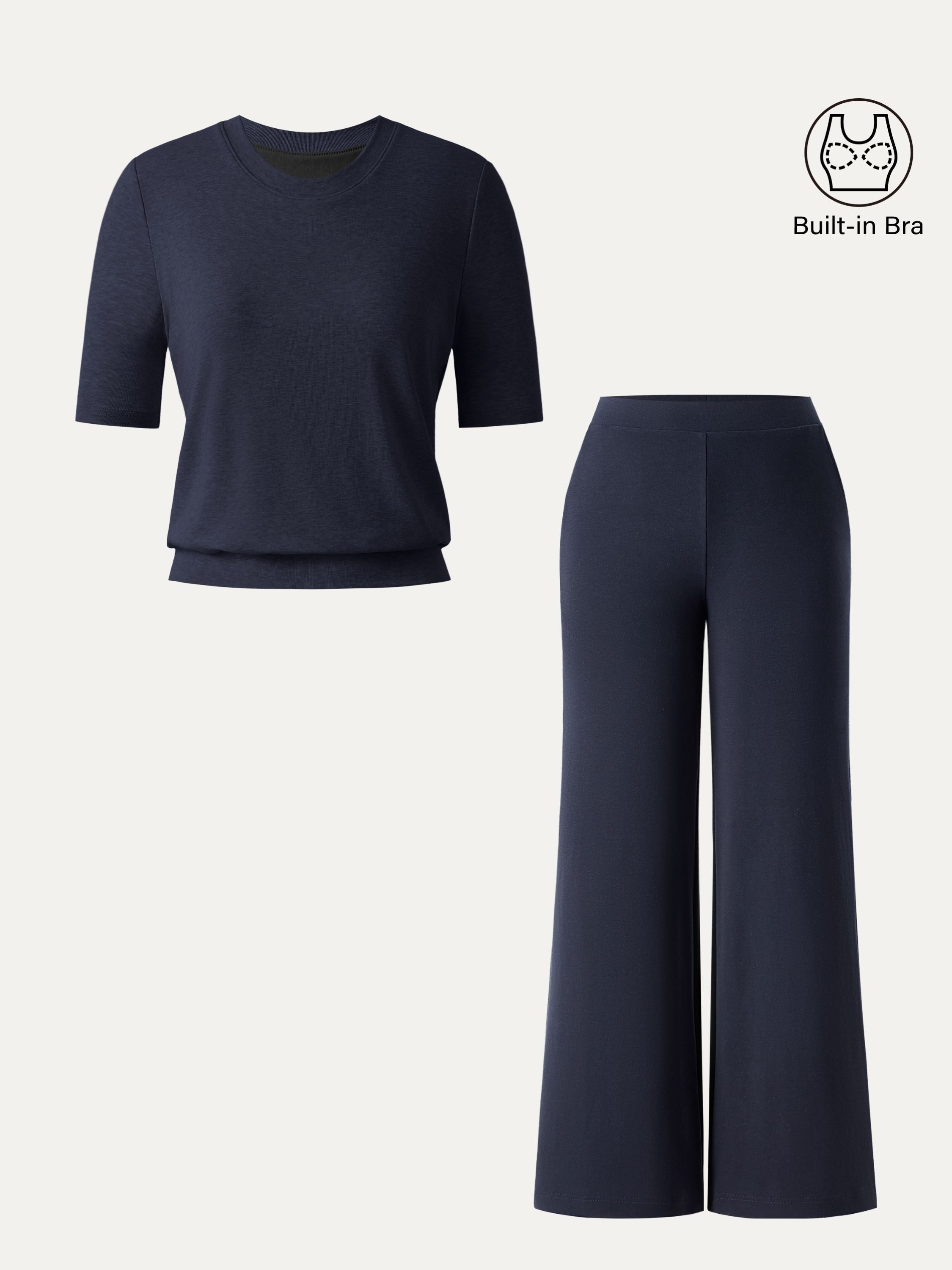 Jero ™ | 2Pcs Set Petite Mid Rise Wide Leg Pants with Pockets & Crewneck Brami with Banded Hem