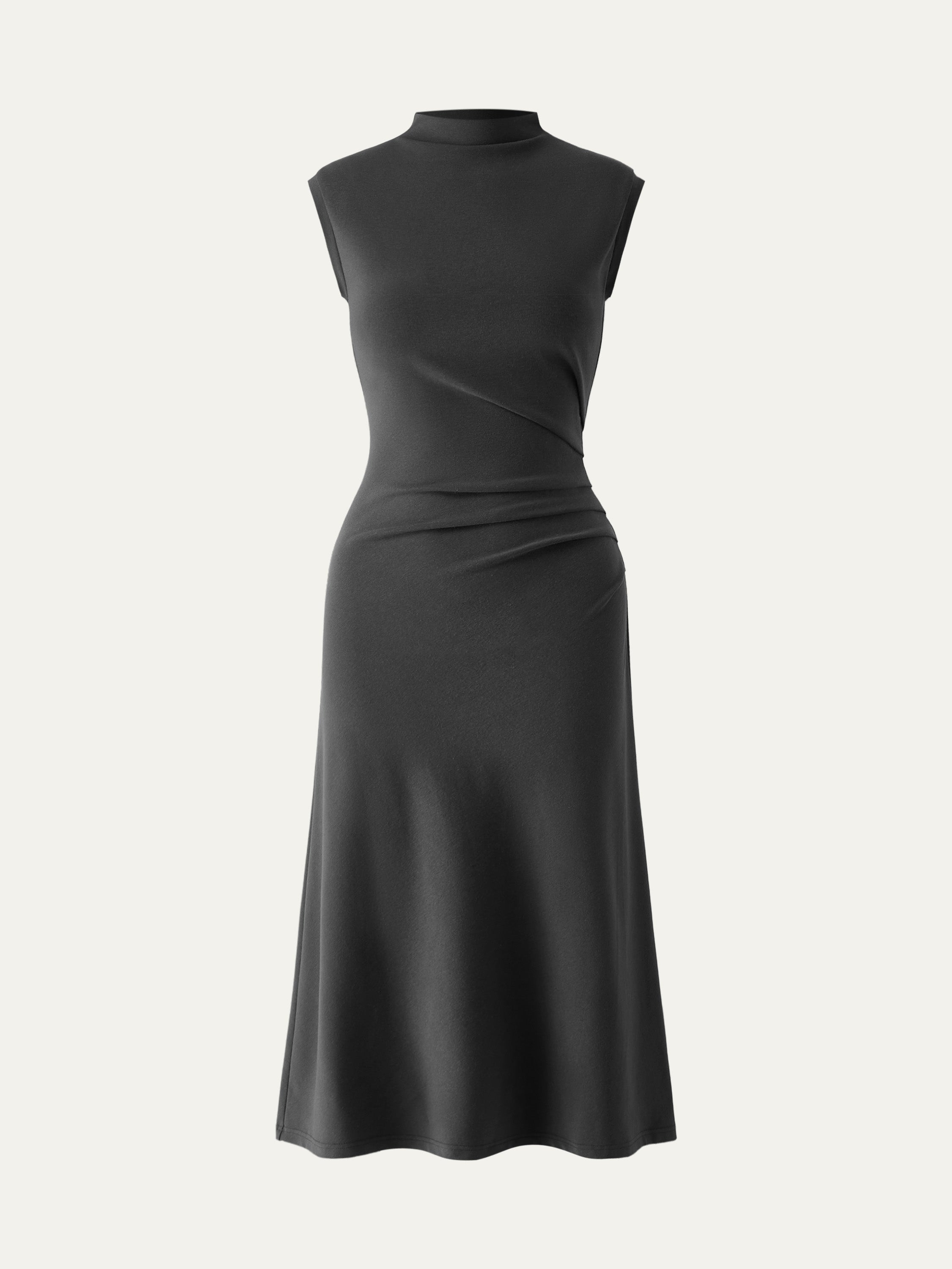Mockneck Tucks Midi Dress