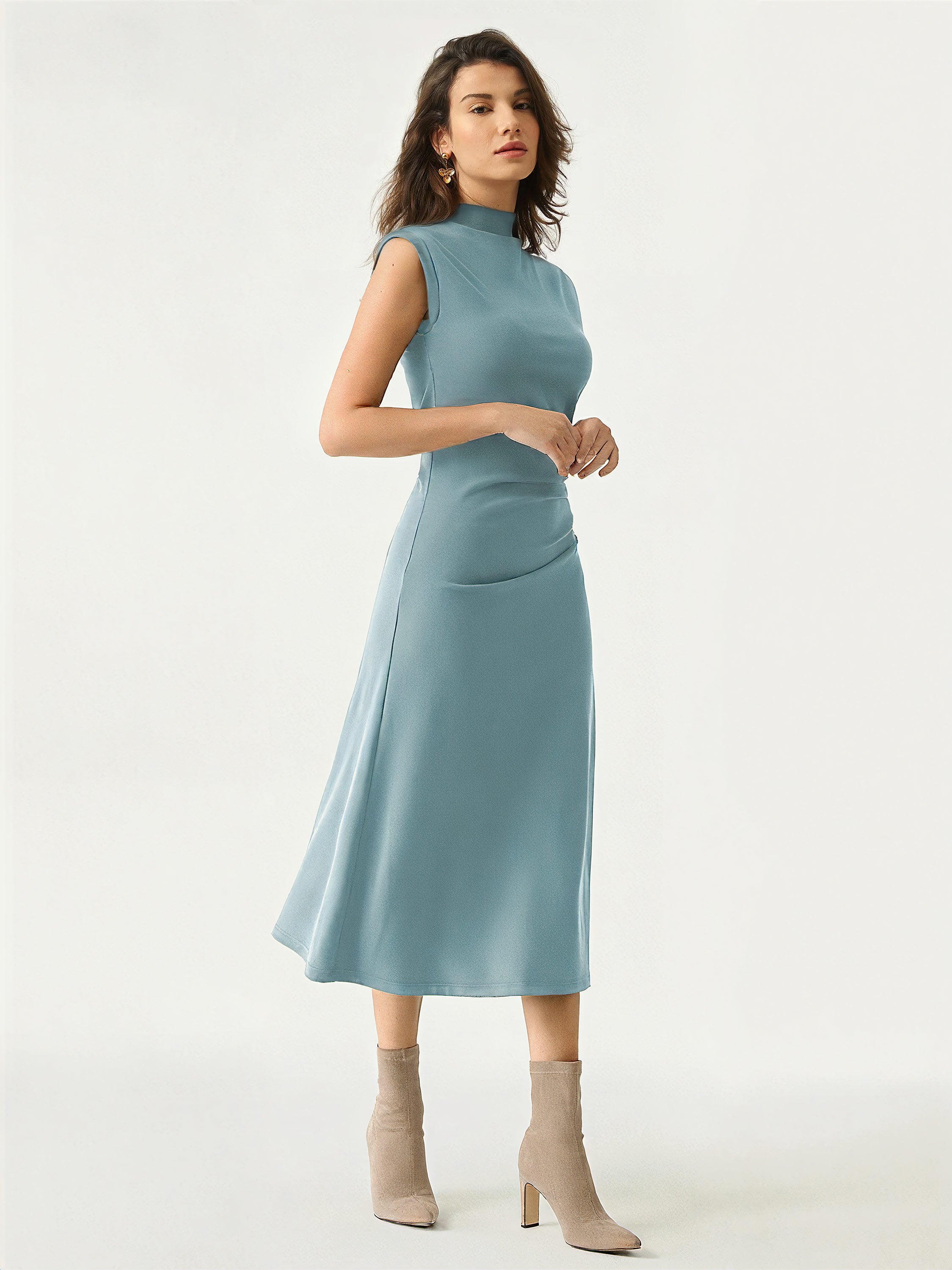 Mockneck Tucks Midi Dress