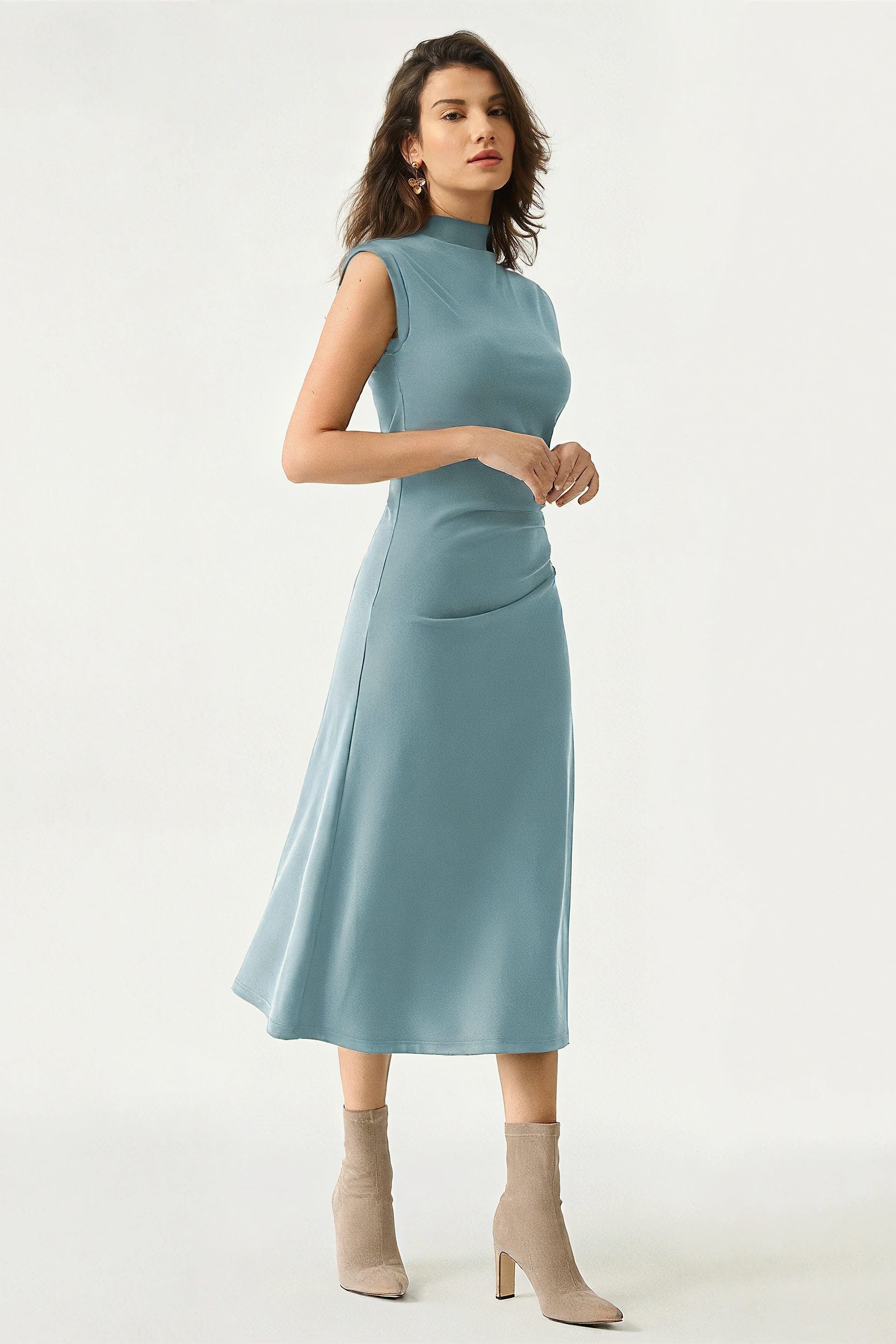 Mockneck Tucks Midi Dress