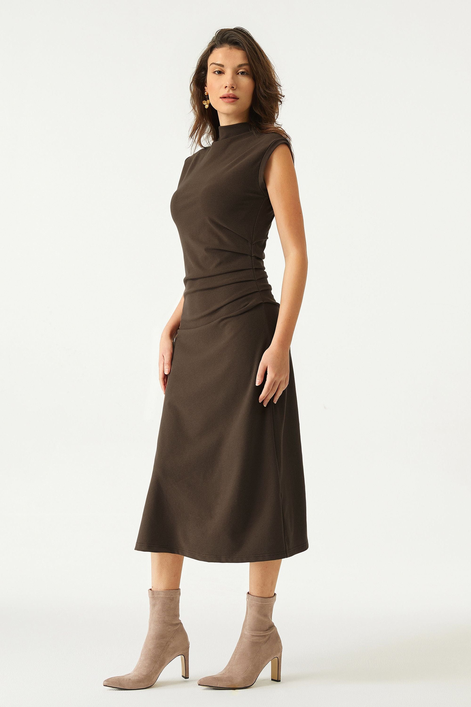Mockneck Tucks Midi Dress