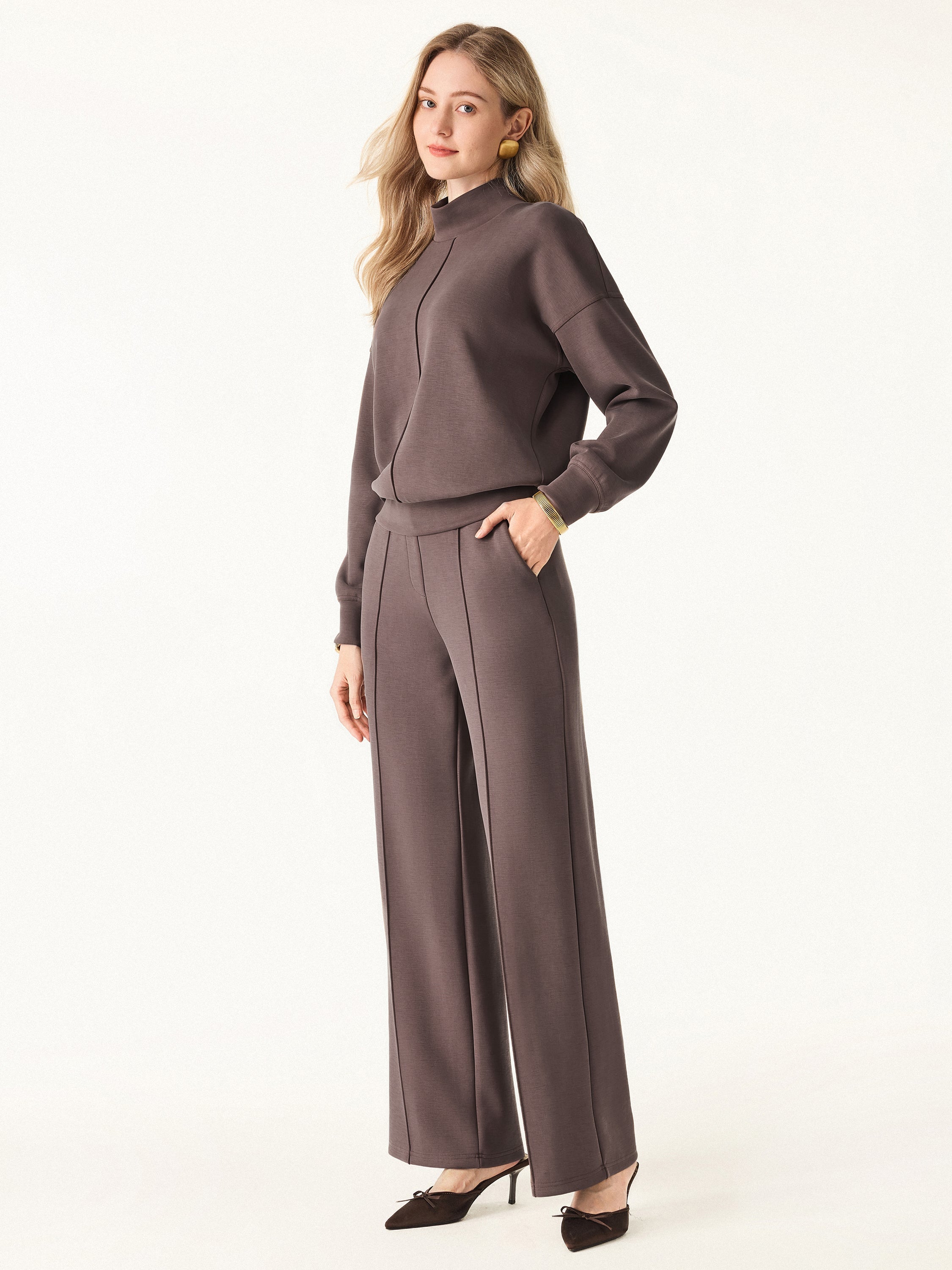 Jero ™ | 2Pcs Set Mockneck Pullover Shirt & Mid Rise Straight Leg Pants with Pockets