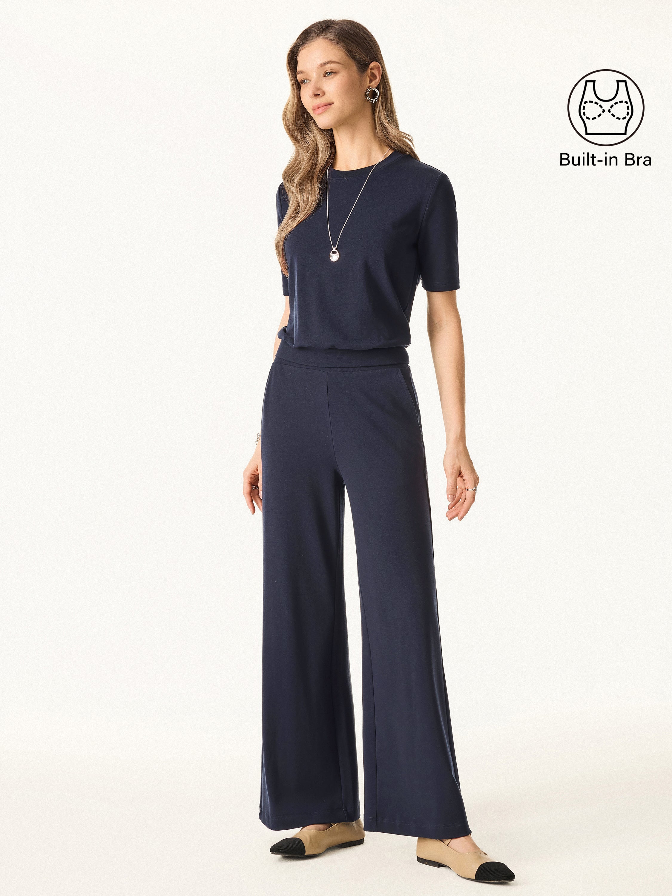 Jero ™ | 2Pcs Set Petite Mid Rise Wide Leg Pants with Pockets & Crewneck Brami with Banded Hem