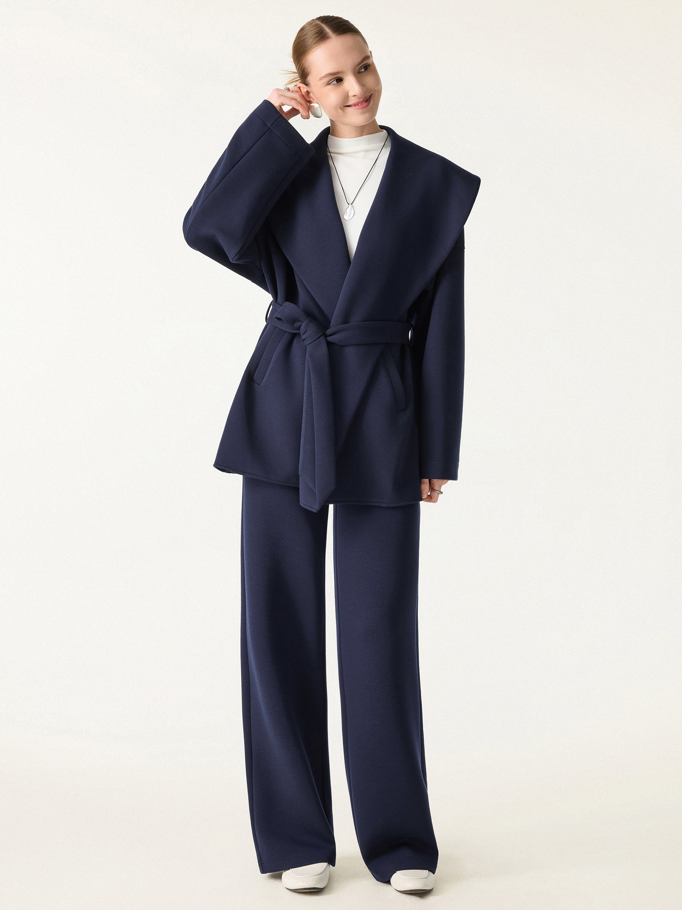 Jero ™ | 2Pcs Set Belted Shawl Collar Robe Jacket & Mid Rise Straight Pants with Pockets