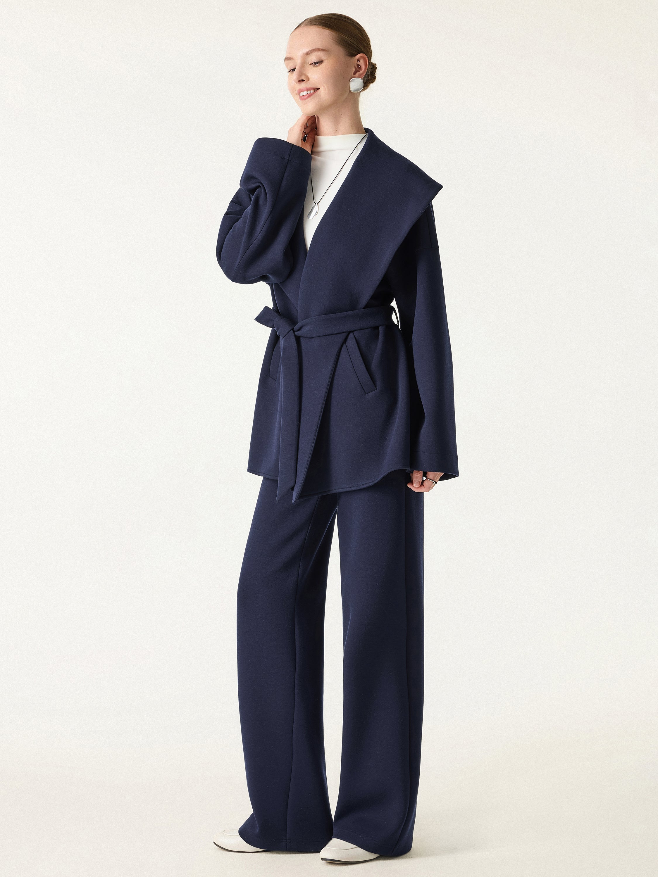 Jero ™ | 2Pcs Set Belted Shawl Collar Robe Jacket & Mid Rise Straight Pants with Pockets