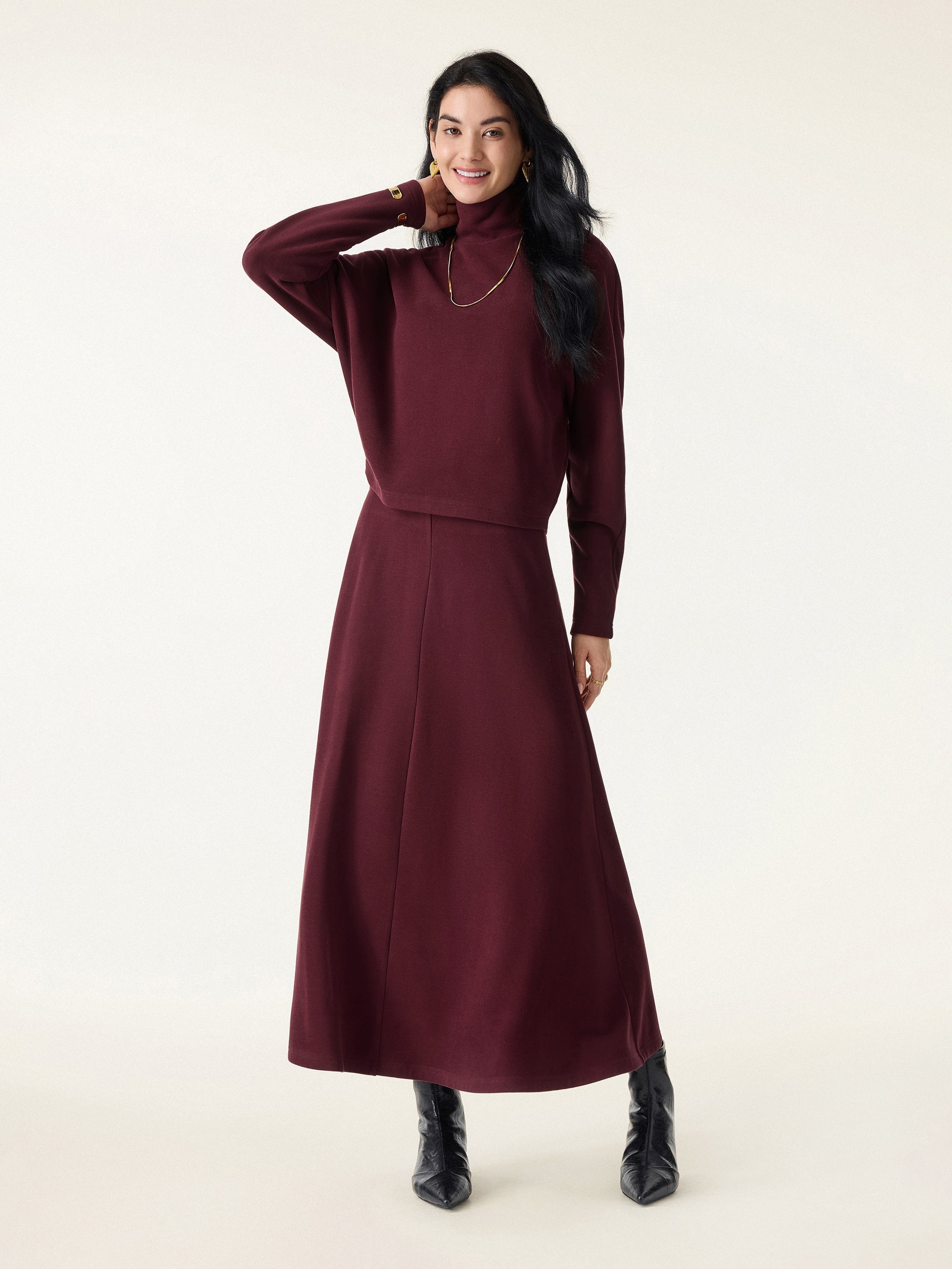 Jero ™ | 2Pcs Set Mockneck Batwing Sleeve & Midi Pull-on A-Line Skirt with Pockets