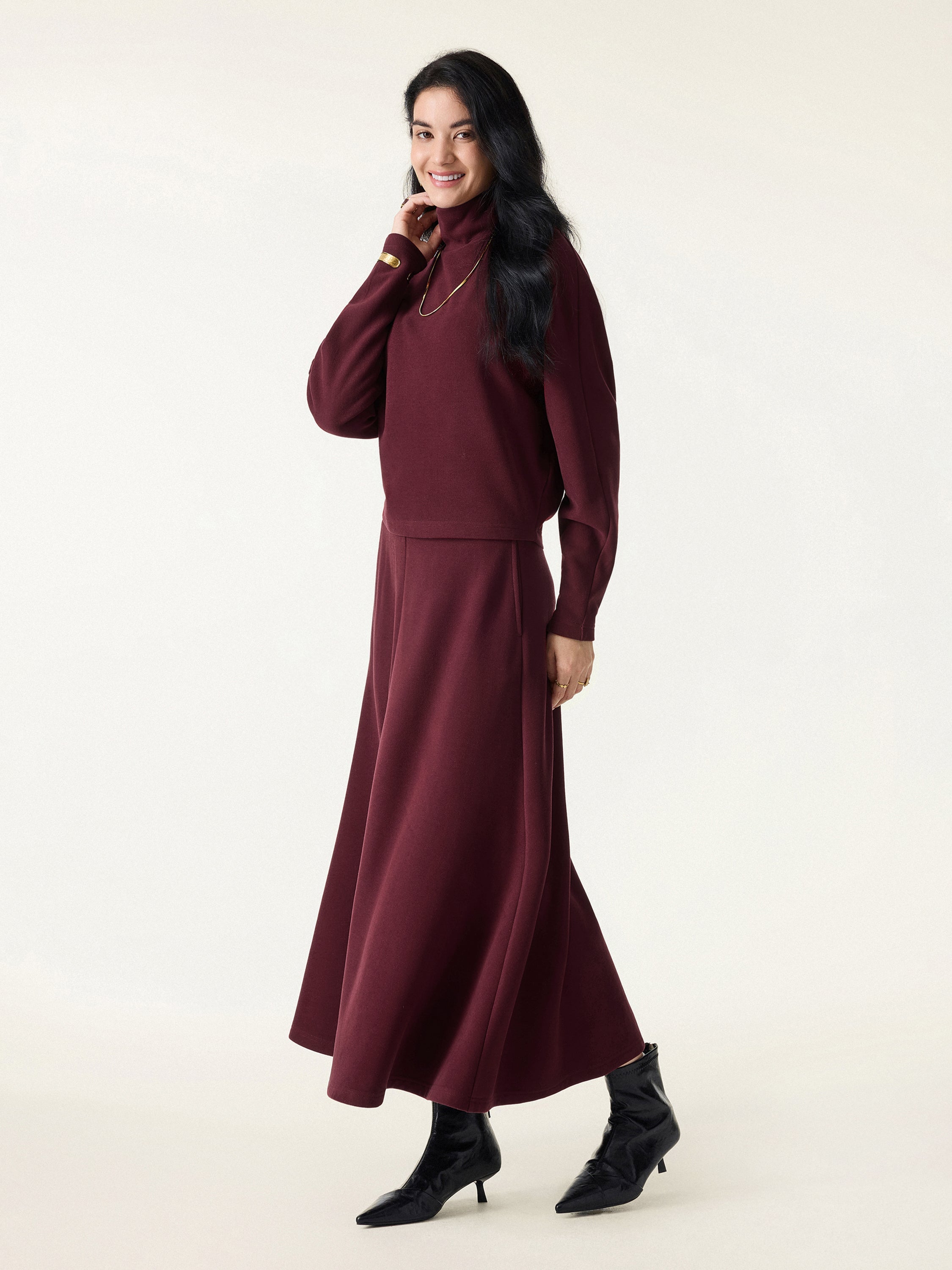 Jero ™ | 2Pcs Set Mockneck Batwing Sleeve & Midi Pull-on A-Line Skirt with Pockets