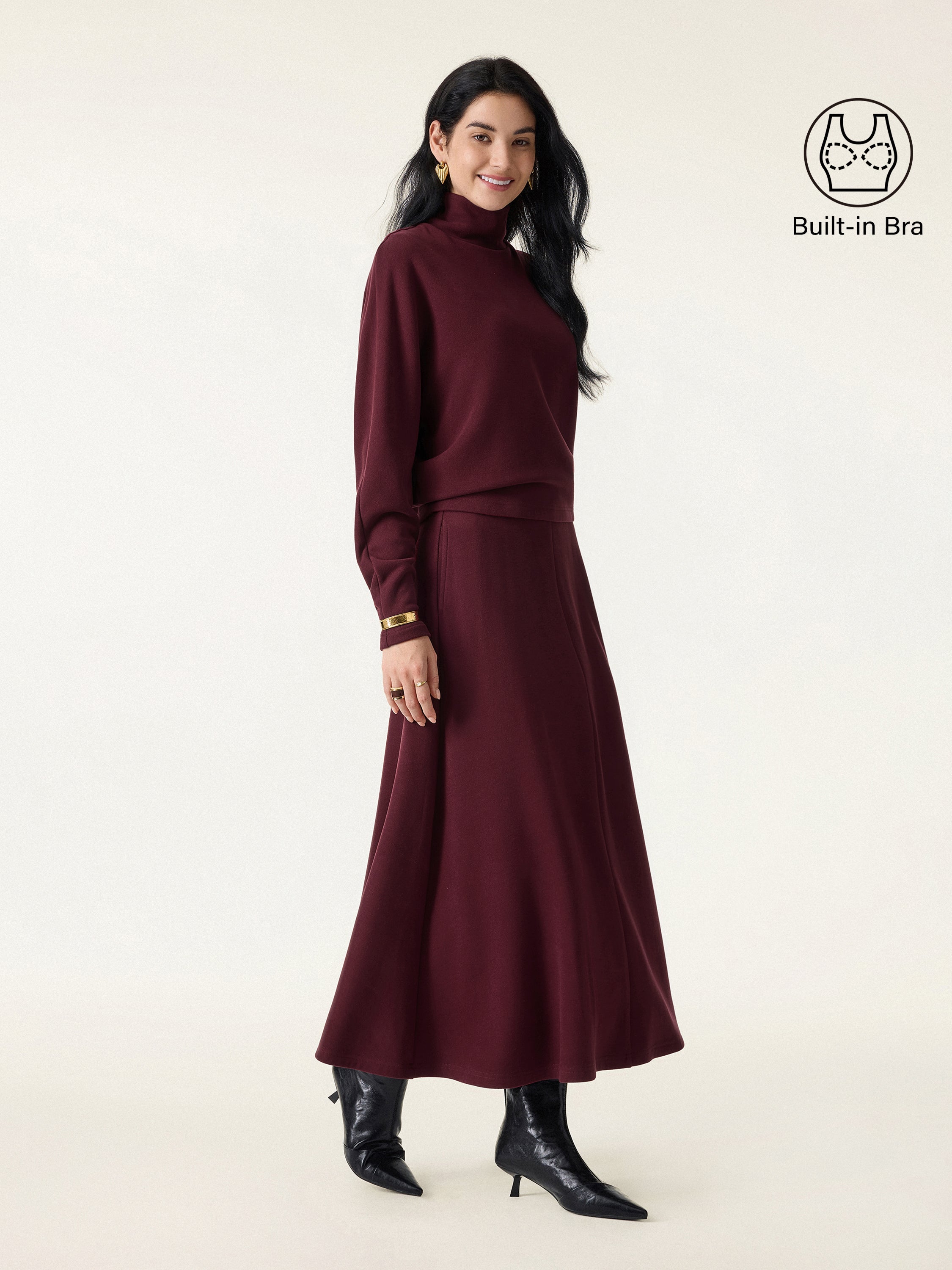 Jero ™ | 2Pcs Set Mockneck Batwing Sleeve & Midi Pull-on A-Line Skirt with Pockets