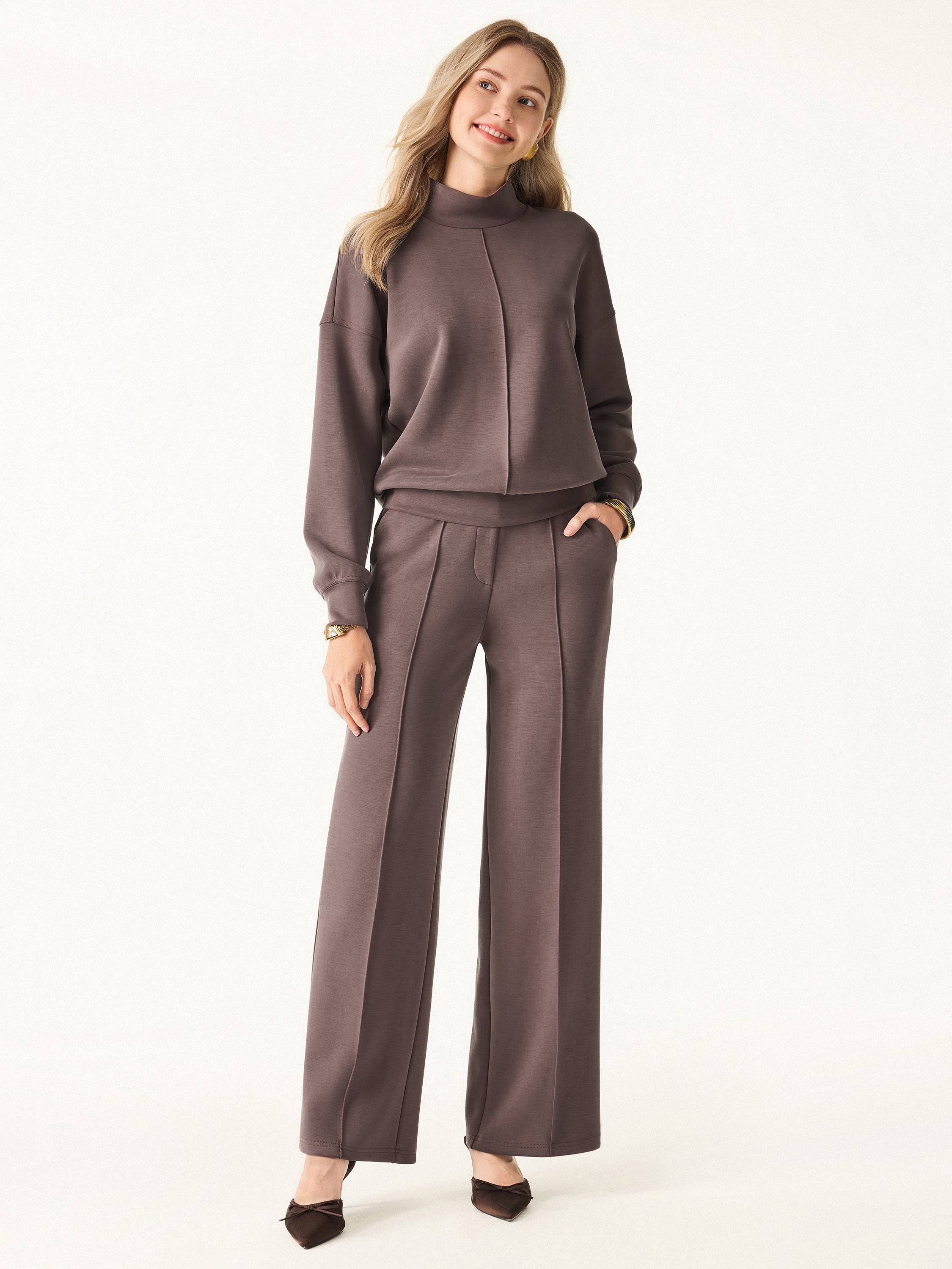 Jero ™ | 2Pcs Set Mockneck Pullover Shirt & Mid Rise Straight Leg Pants with Pockets