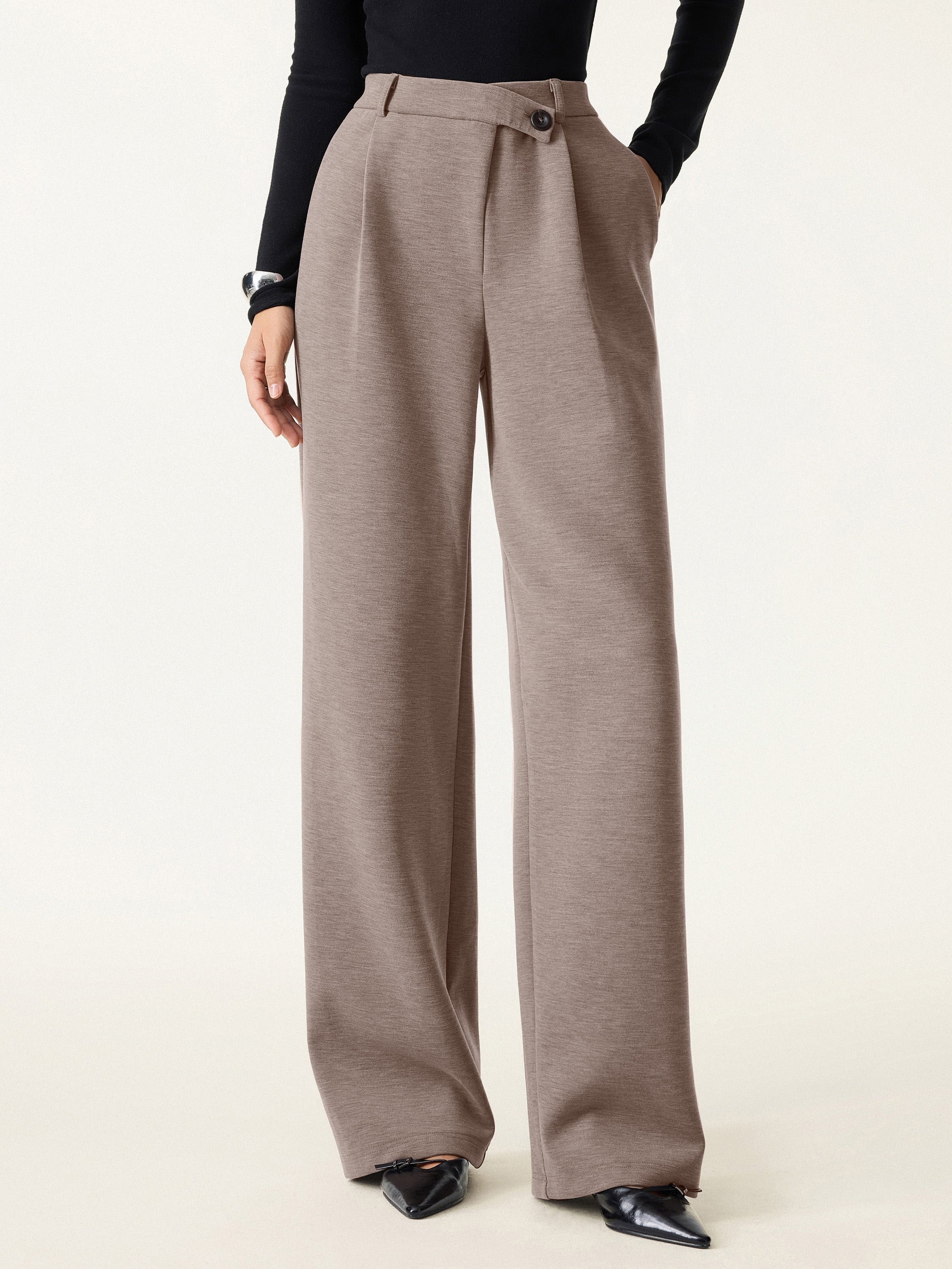 Jero™ | Cozy Warm High Rise Slanted Fly Front Wide Leg Pants