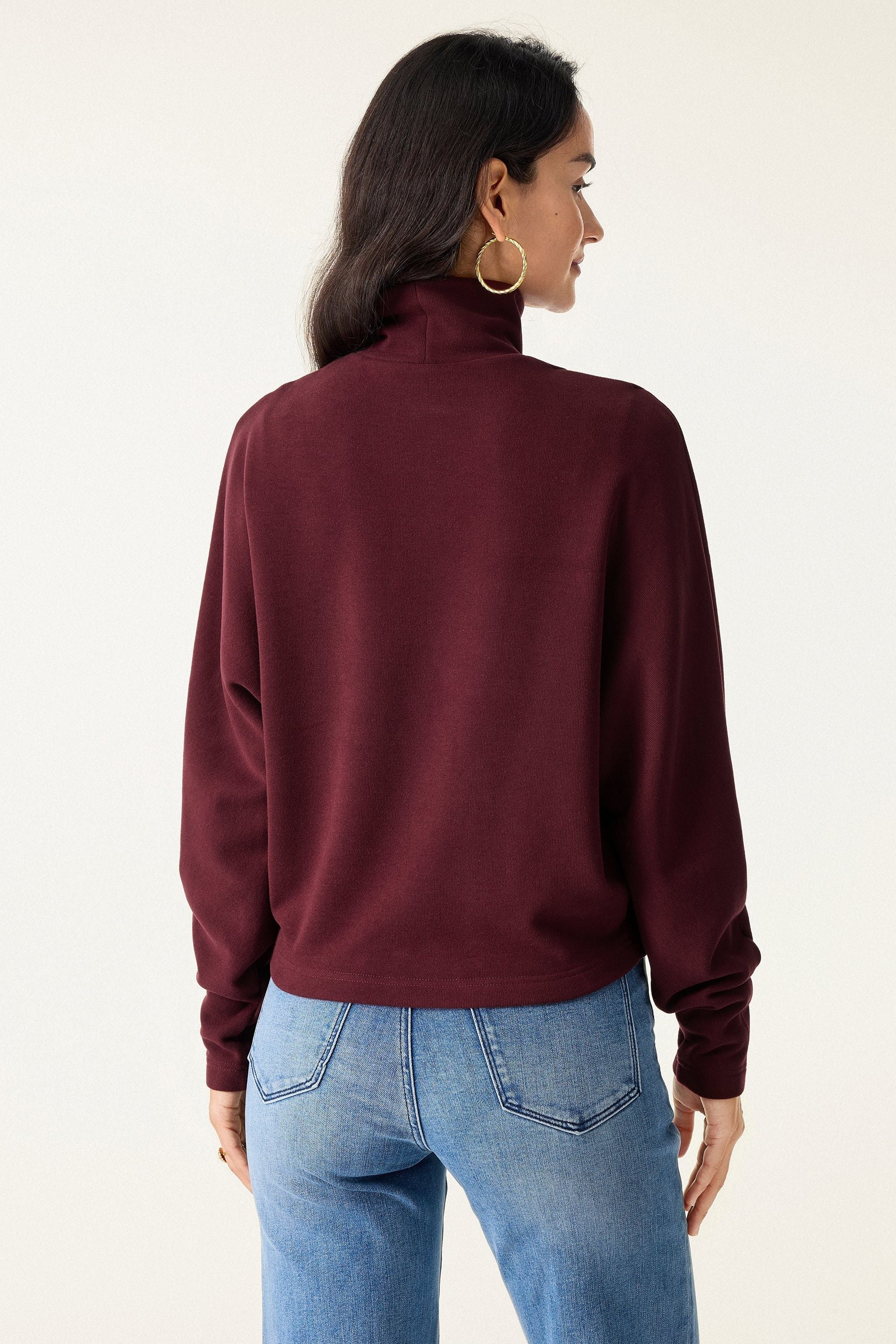 2Pcs Set Mockneck Batwing Sleeve & Midi Pull-on A-Line Skirt with Pockets
