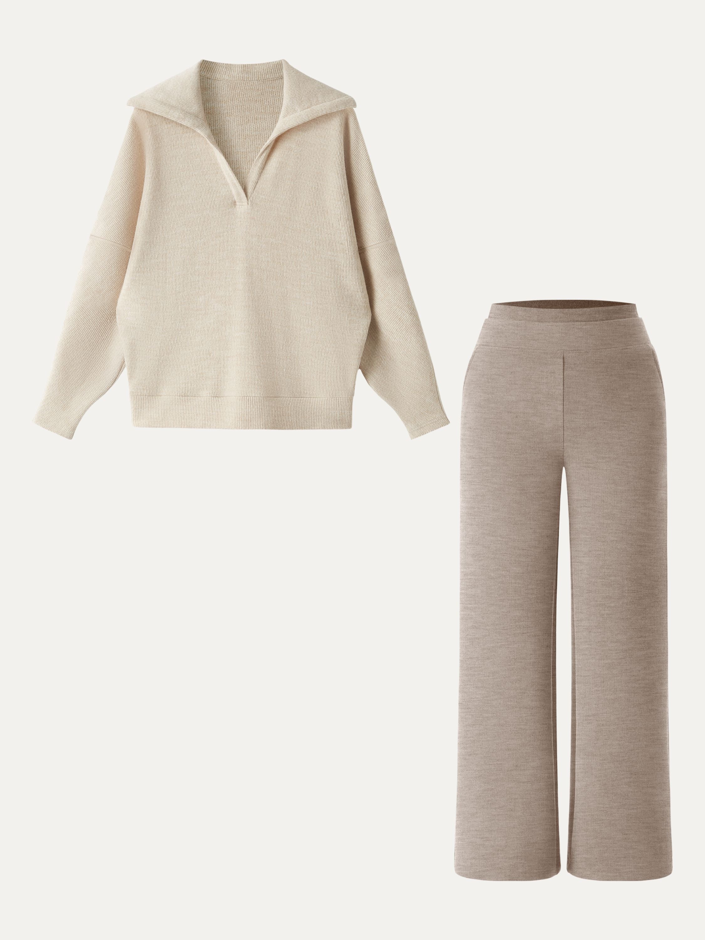 Jero ™ | 2Pcs Set Petite Double Waistband Straight Pants & V-Neck Batwing Sleeve Pullover