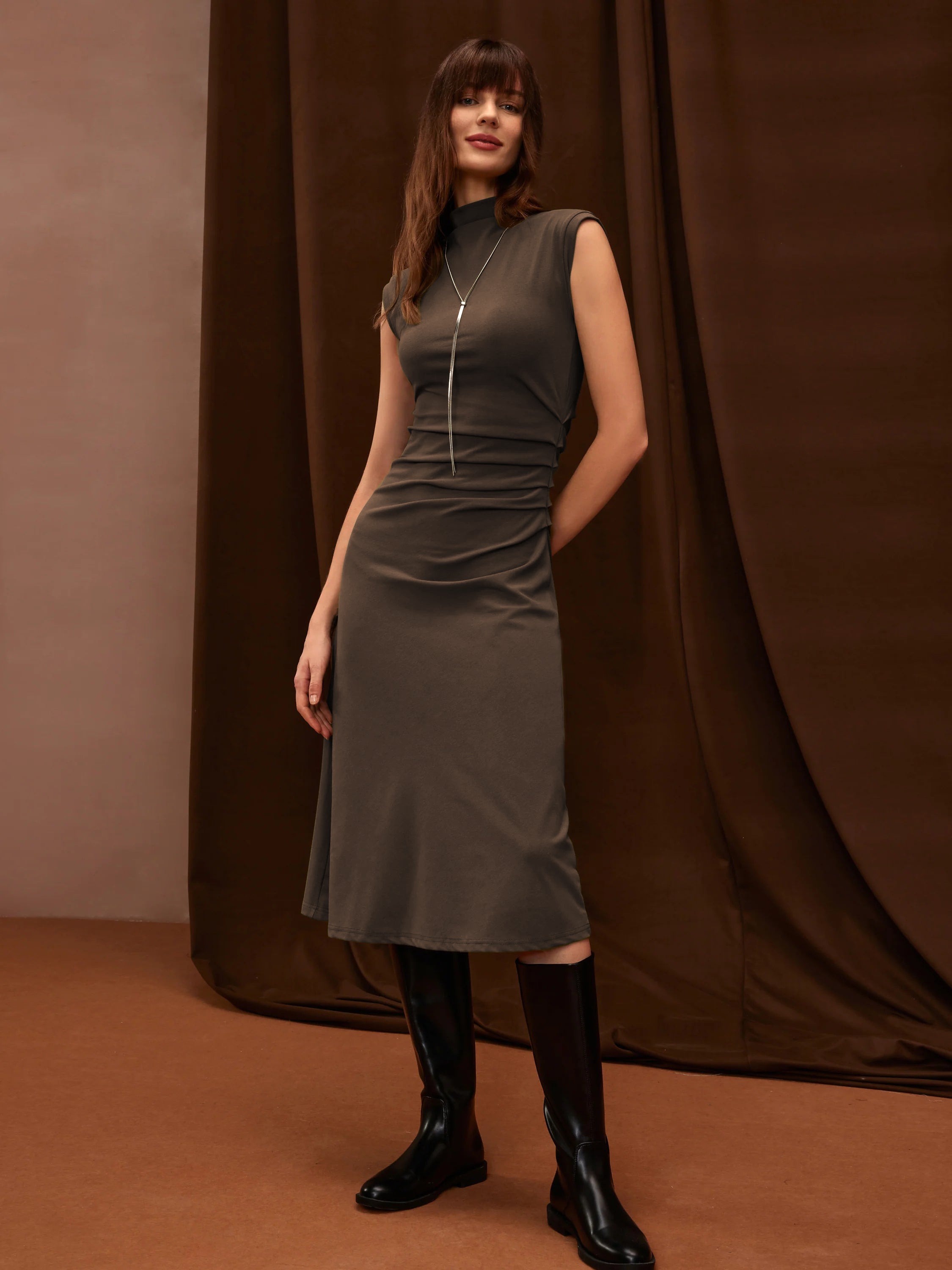 Mockneck Tucks Midi Dress