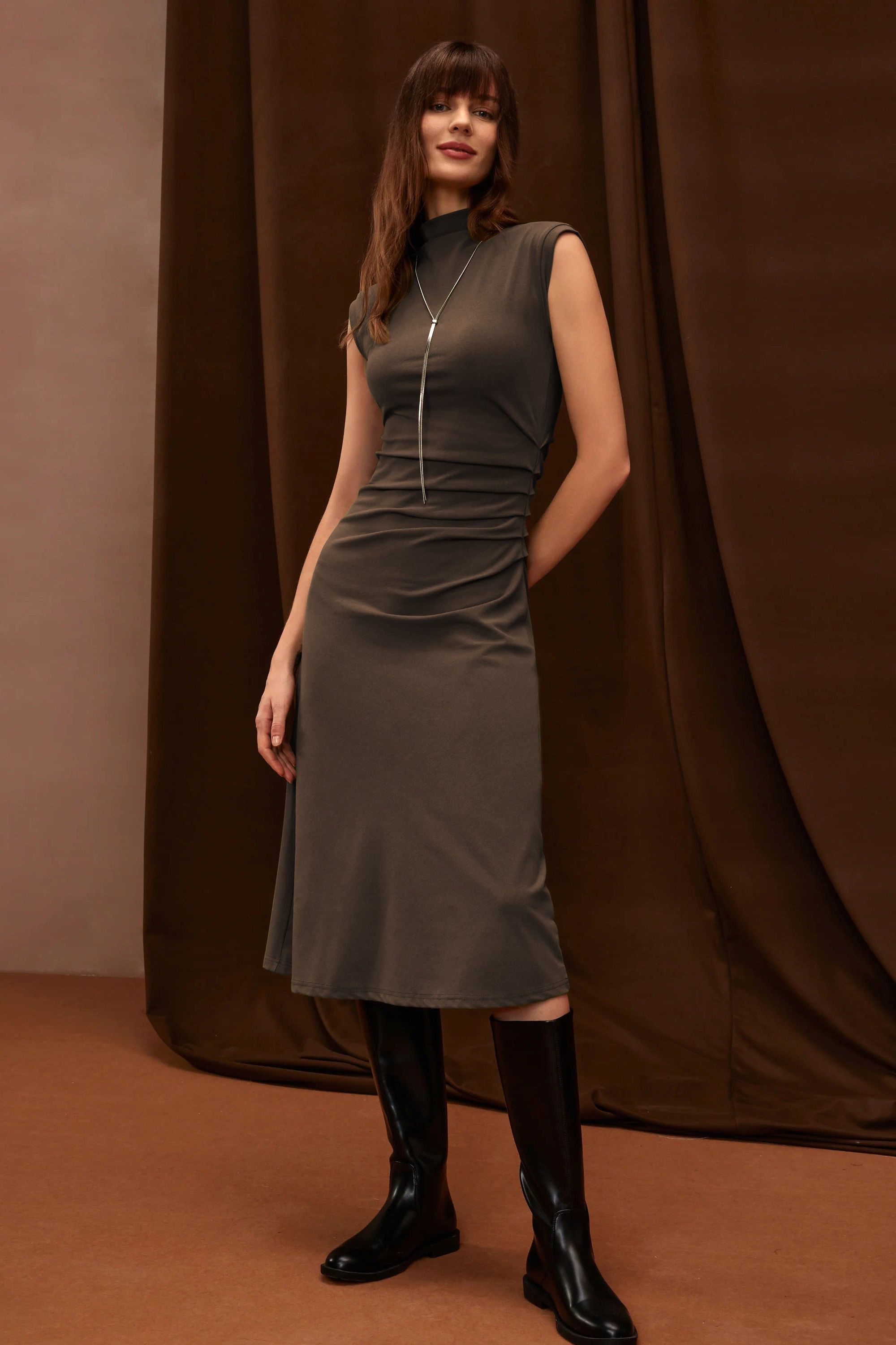 Mockneck Tucks Midi Dress