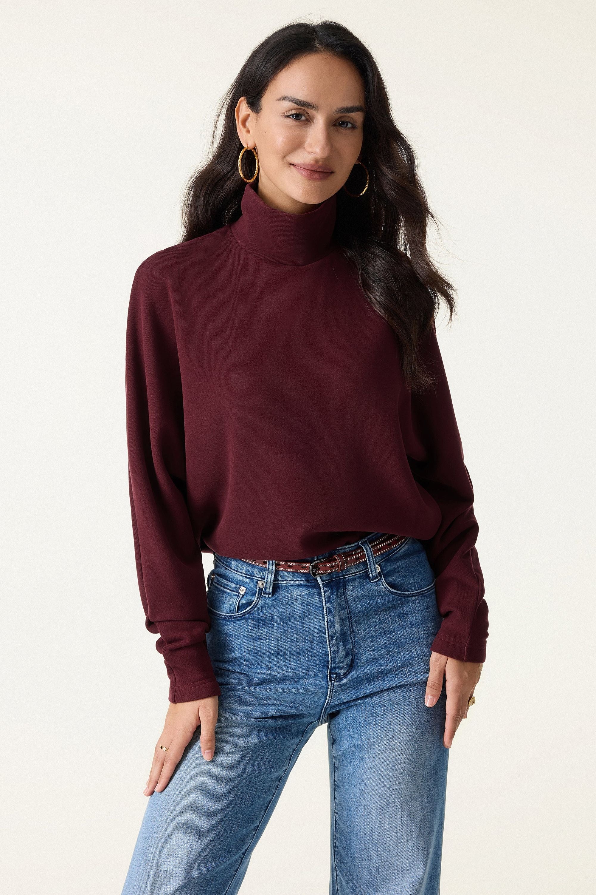 2Pcs Set Mockneck Batwing Sleeve & Midi Pull-on A-Line Skirt with Pockets