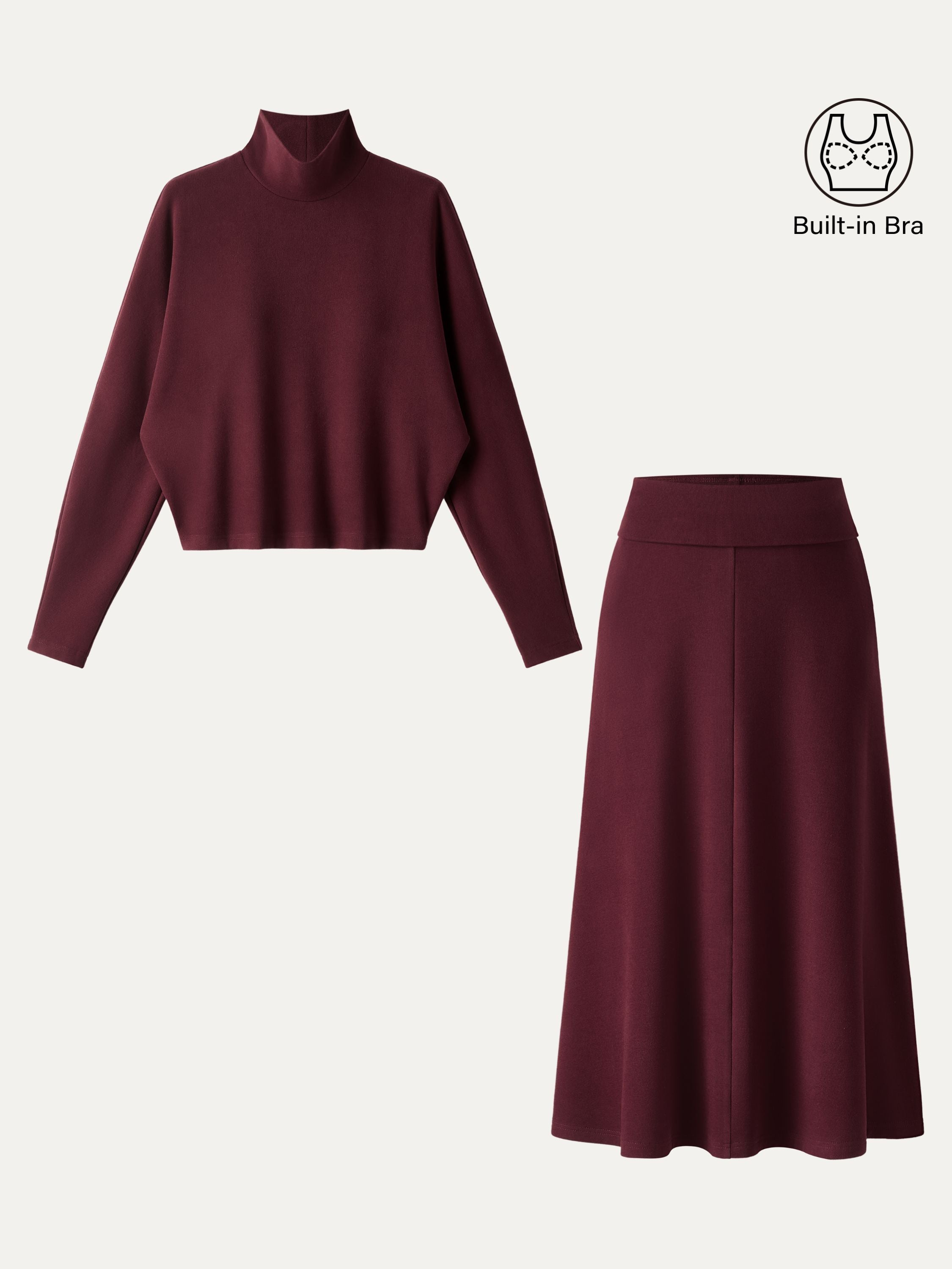Jero ™ | 2Pcs Set Mockneck Batwing Sleeve & Midi Pull-on A-Line Skirt with Pockets