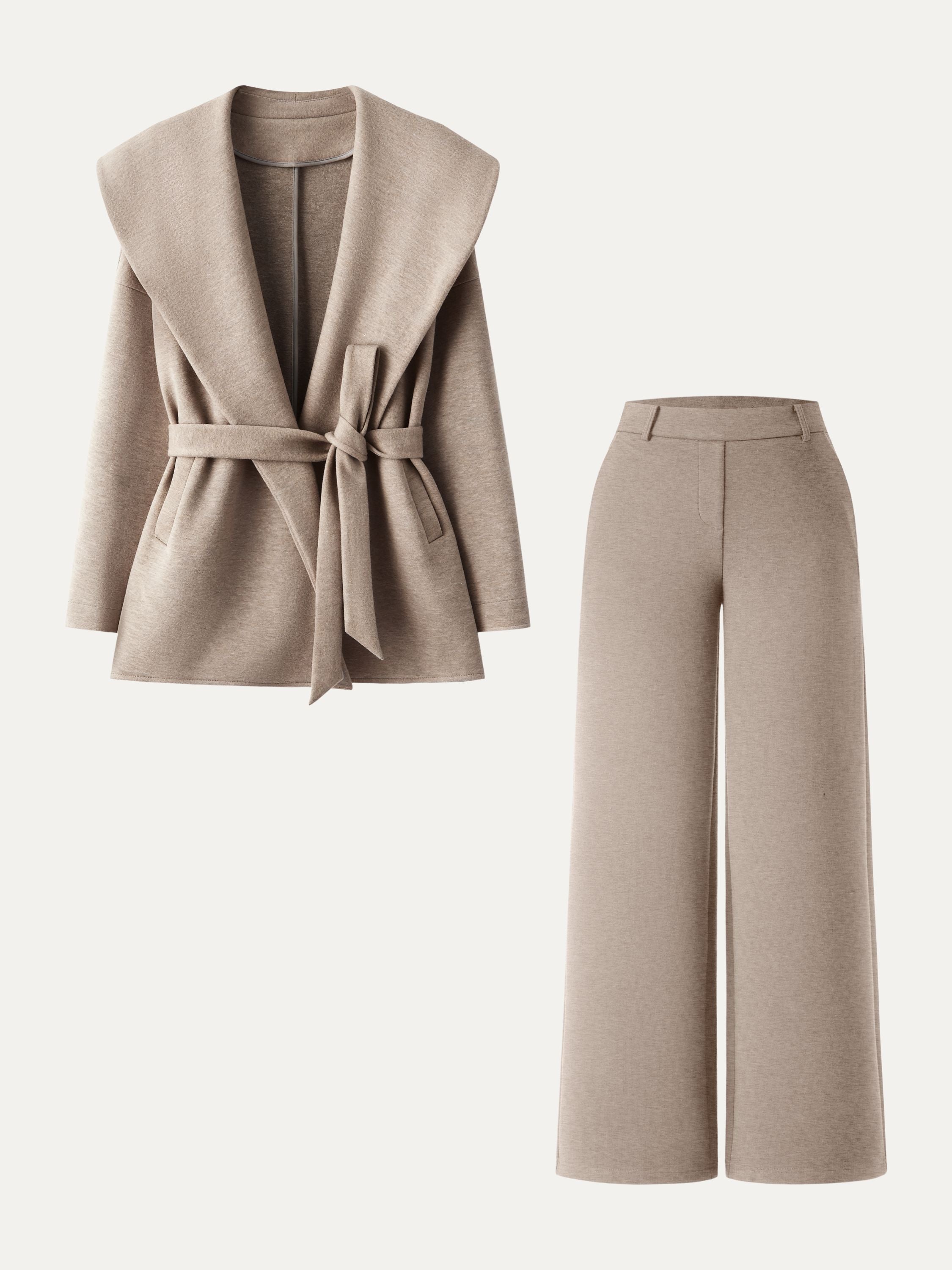 Jero ™ | 2Pcs Set Belted Shawl Collar Robe Jacket & Mid Rise Straight Pants with Pockets
