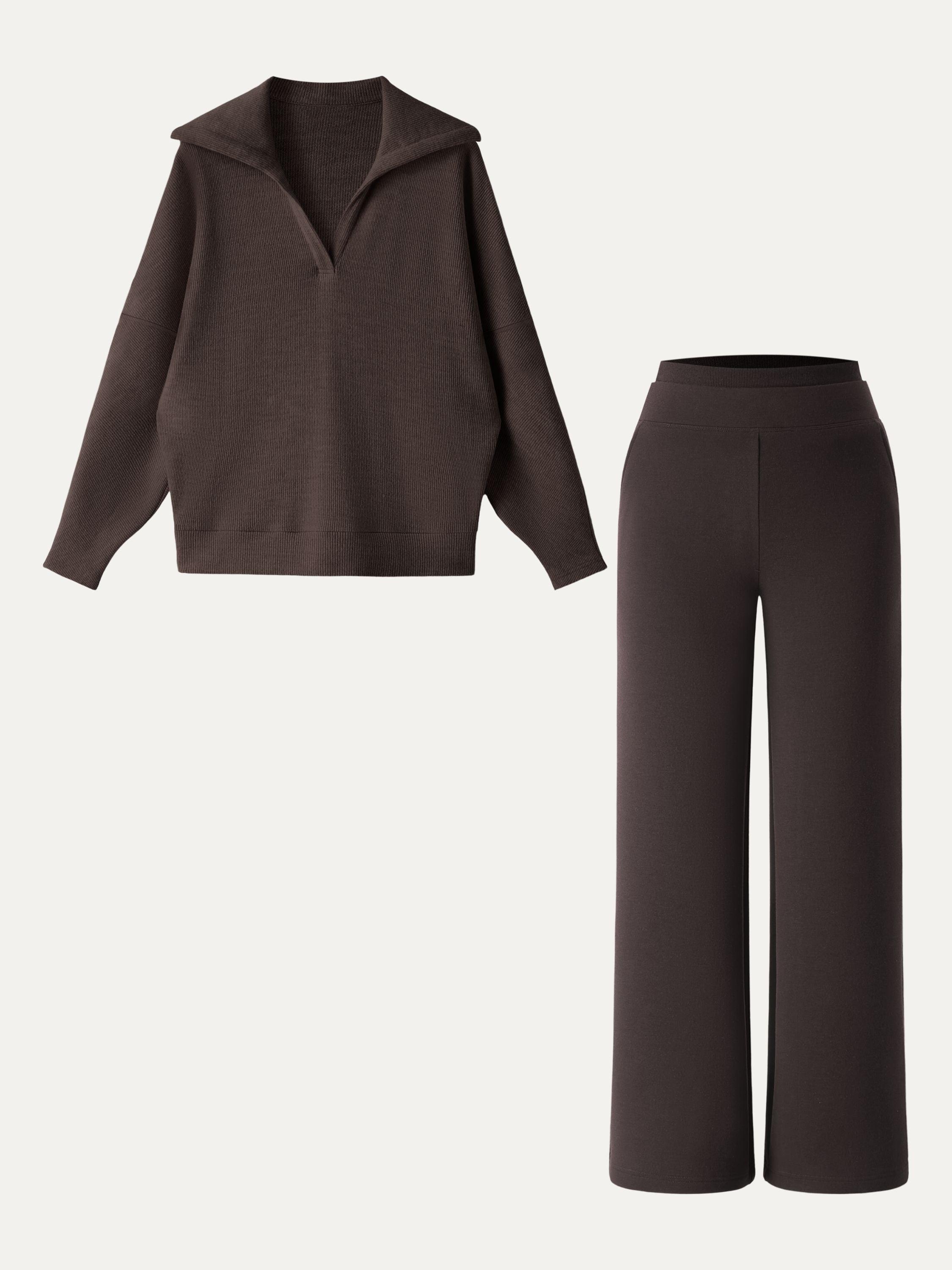 Jero ™ | 2Pcs Set Double Waistband Straight Pants & V-Neck Batwing Sleeve Pullover