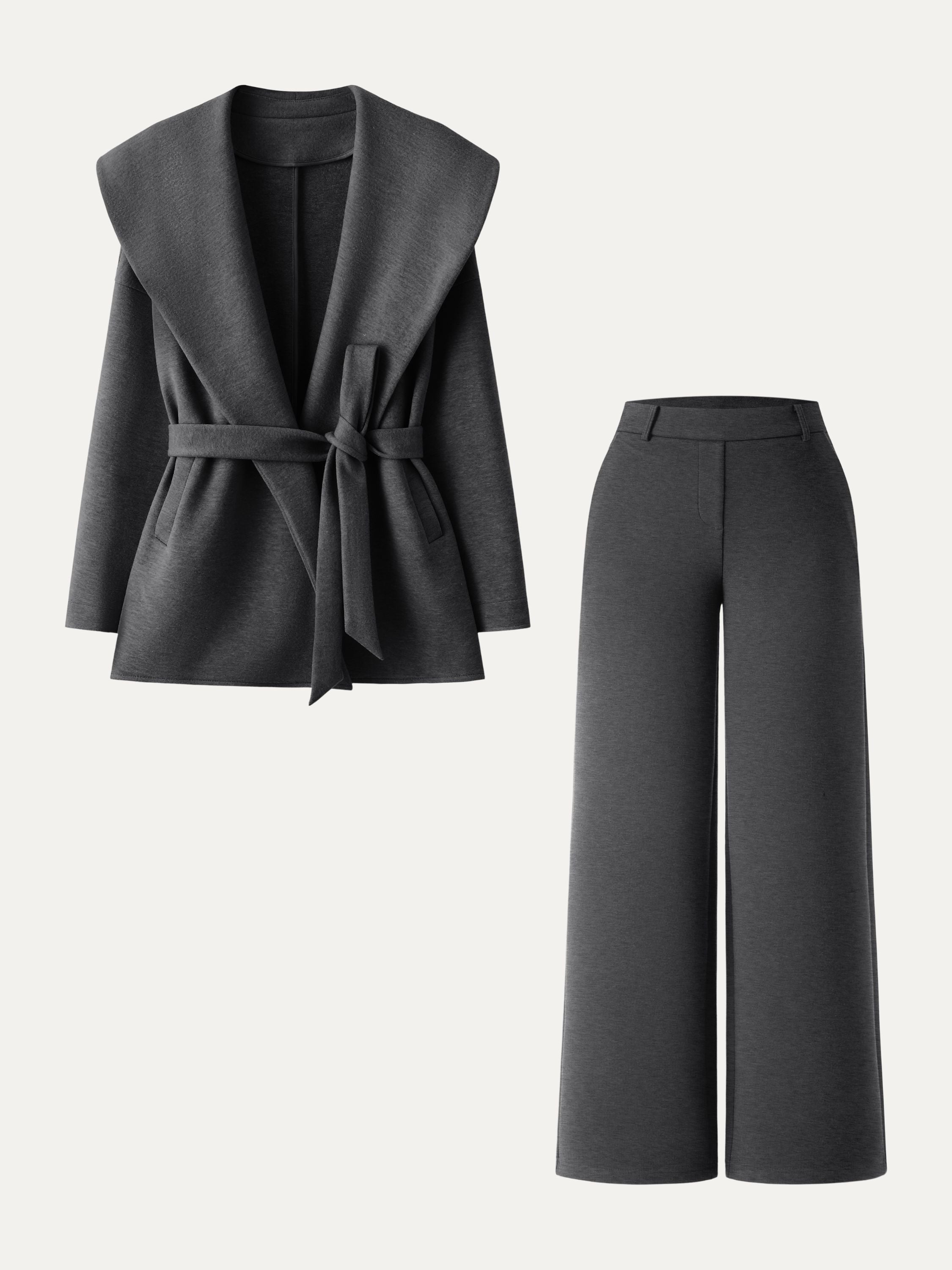 Jero ™ | 2Pcs Set Belted Shawl Collar Robe Jacket & Mid Rise Straight Pants with Pockets