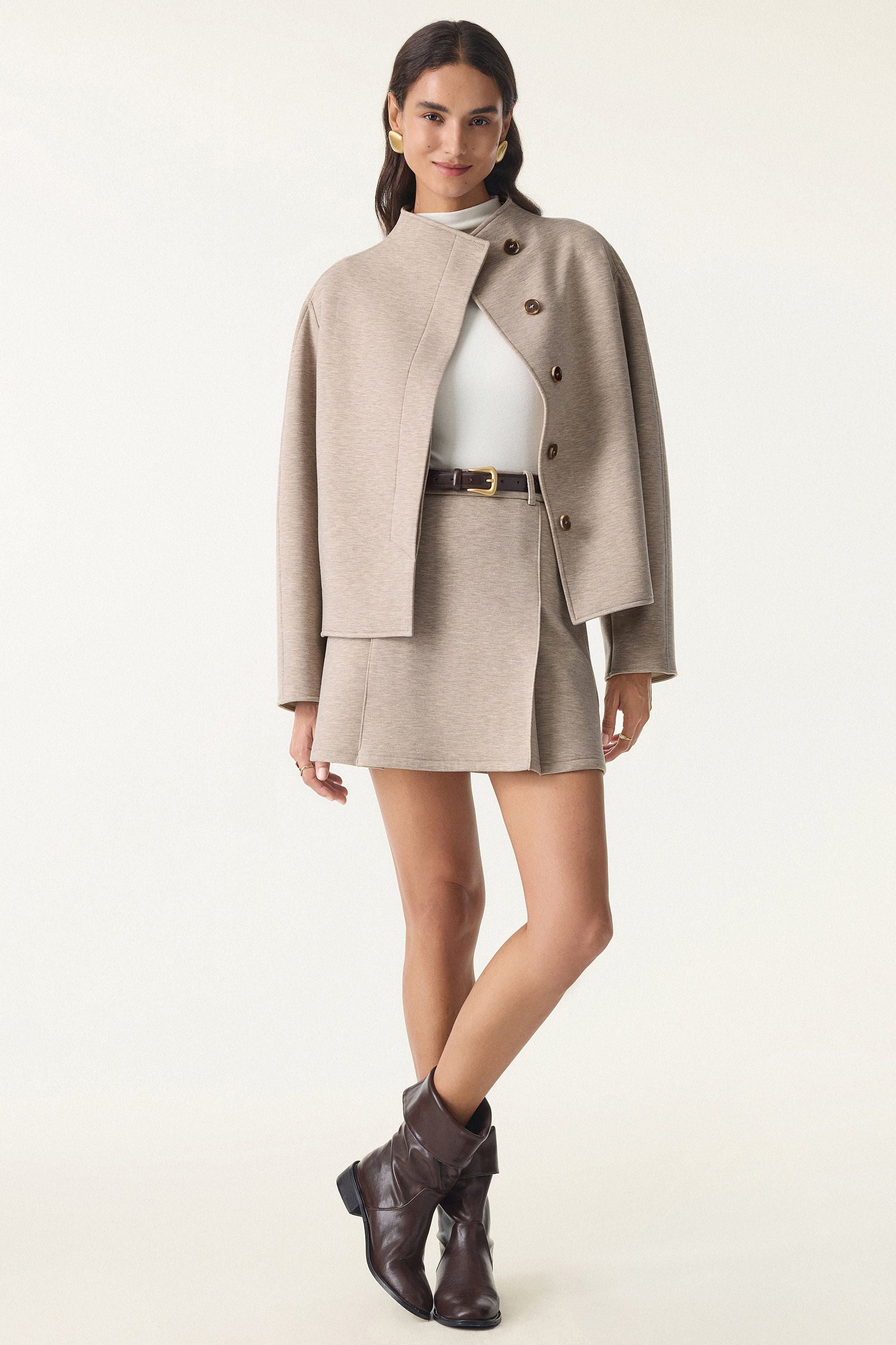 2Pcs Set Cropped Jacket & A-Line Pull on Skorts with Pockets