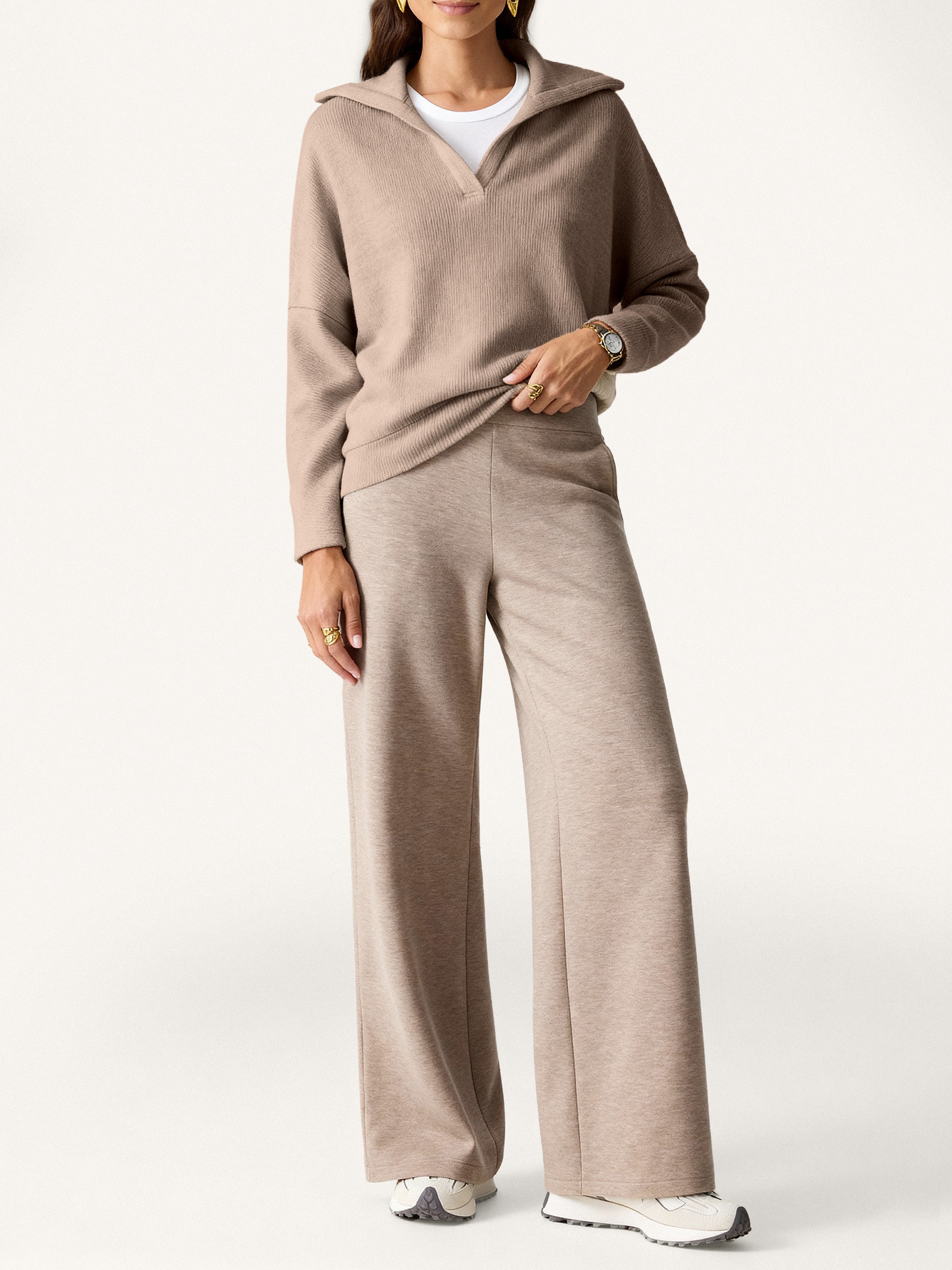 Jero ™ | 2Pcs Set Double Waistband Straight Pants & V-Neck Batwing Sleeve Pullover