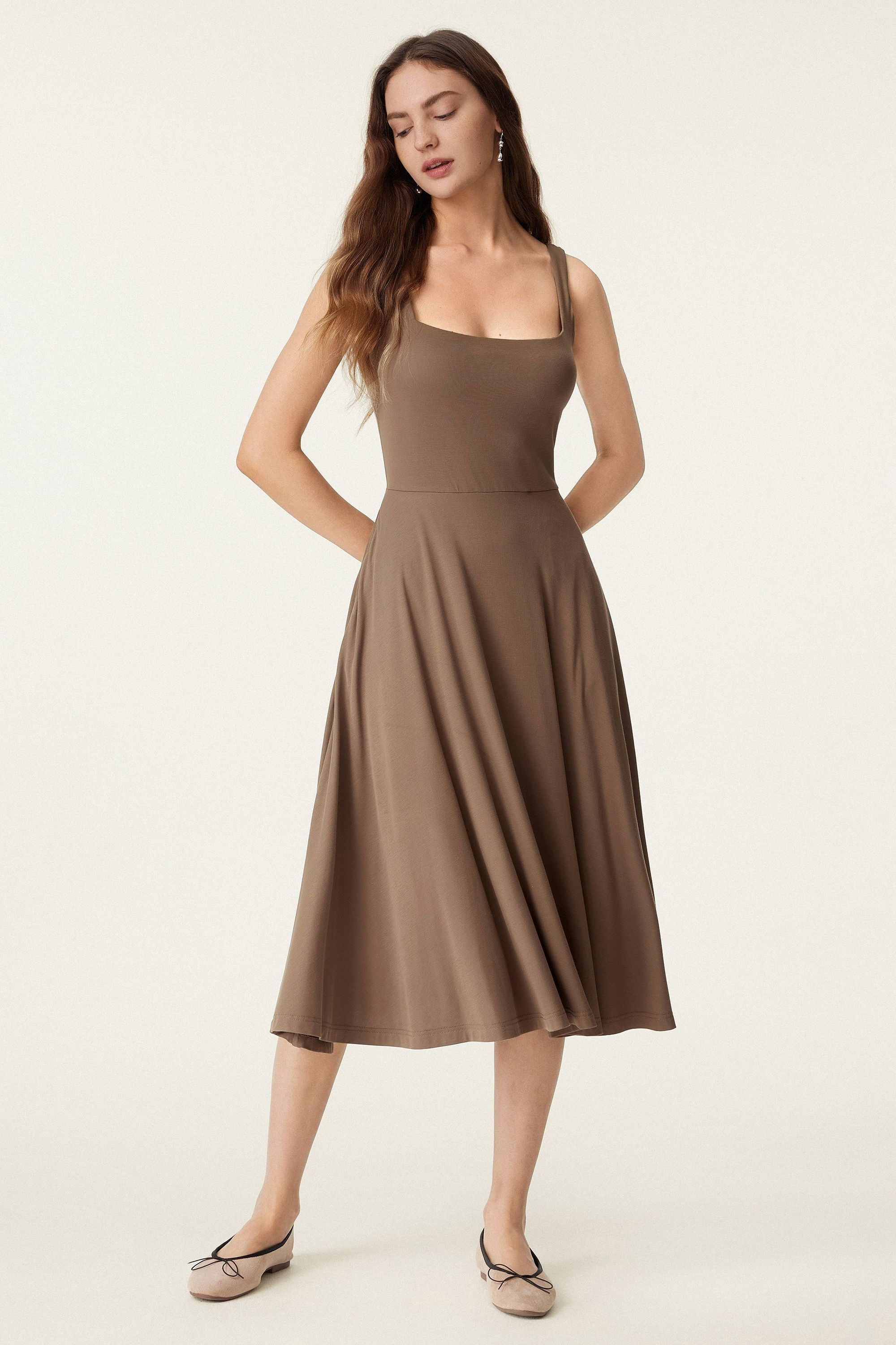 Square Neck Flowy New Airy Brami Midi Dress