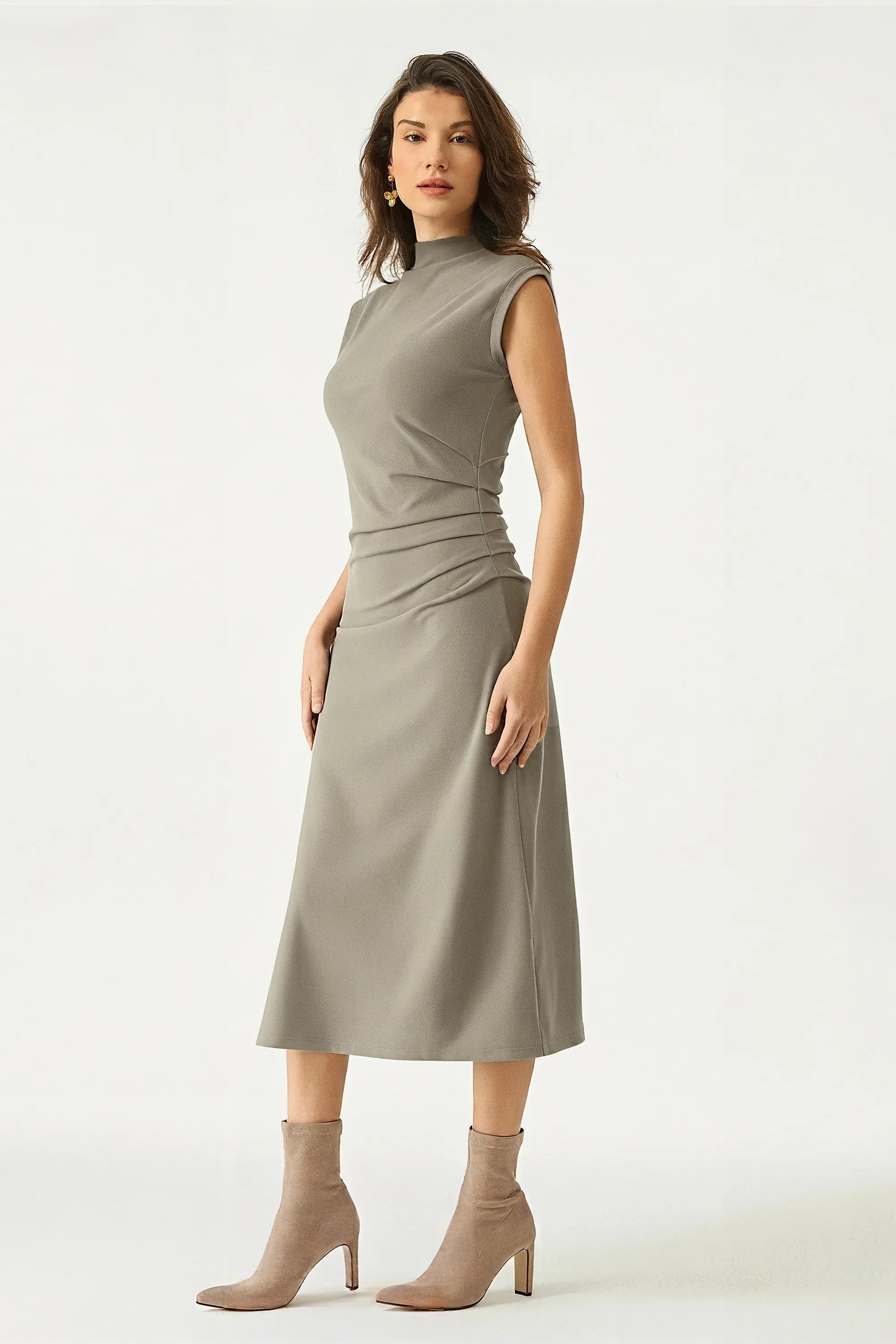 Mockneck Tucks Midi Dress