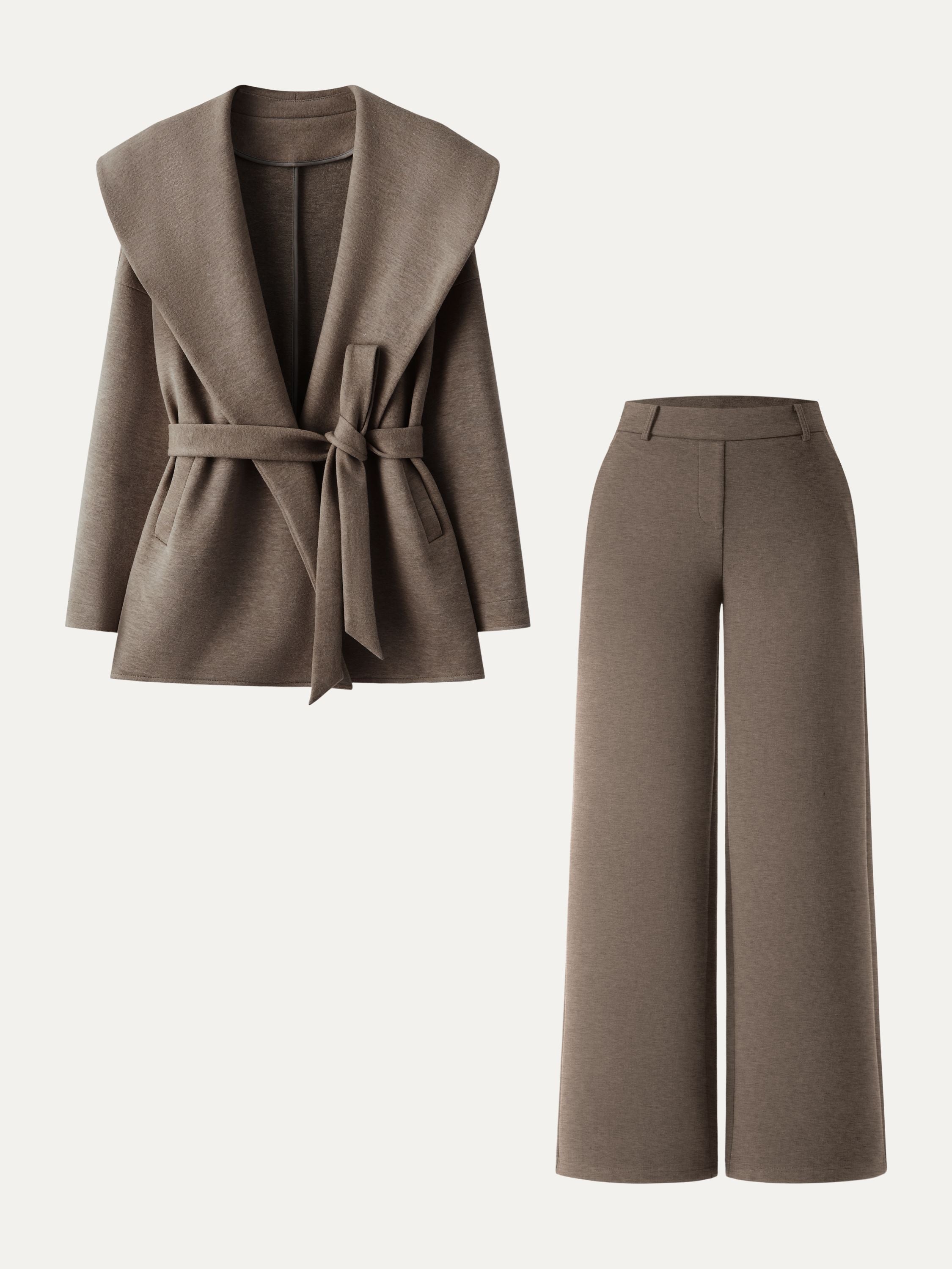 Jero ™ | 2Pcs Set Belted Shawl Collar Robe Jacket & Mid Rise Straight Pants with Pockets
