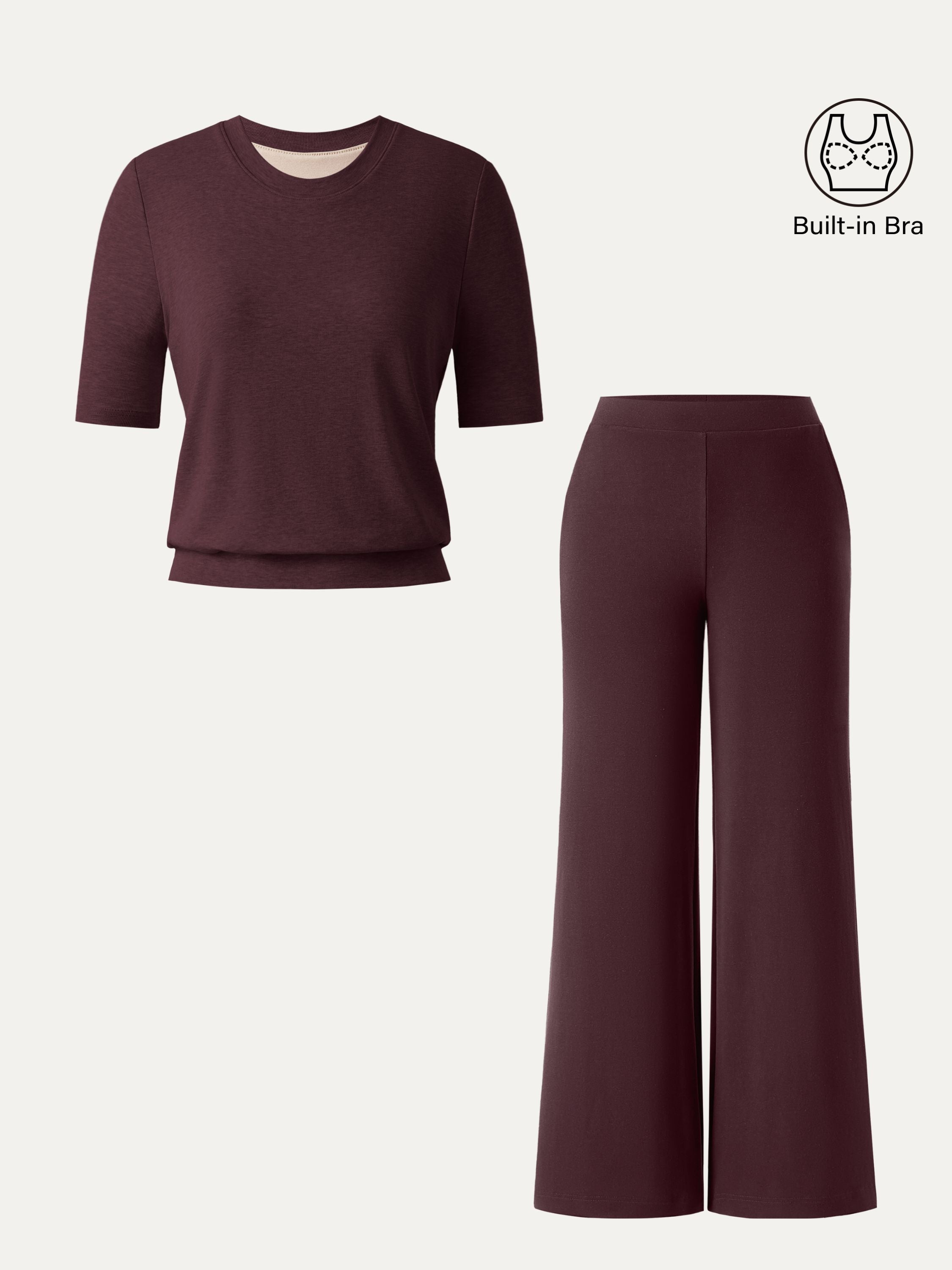 Jero ™ | 2Pcs Set Petite Mid Rise Wide Leg Pants with Pockets & Crewneck Brami with Banded Hem