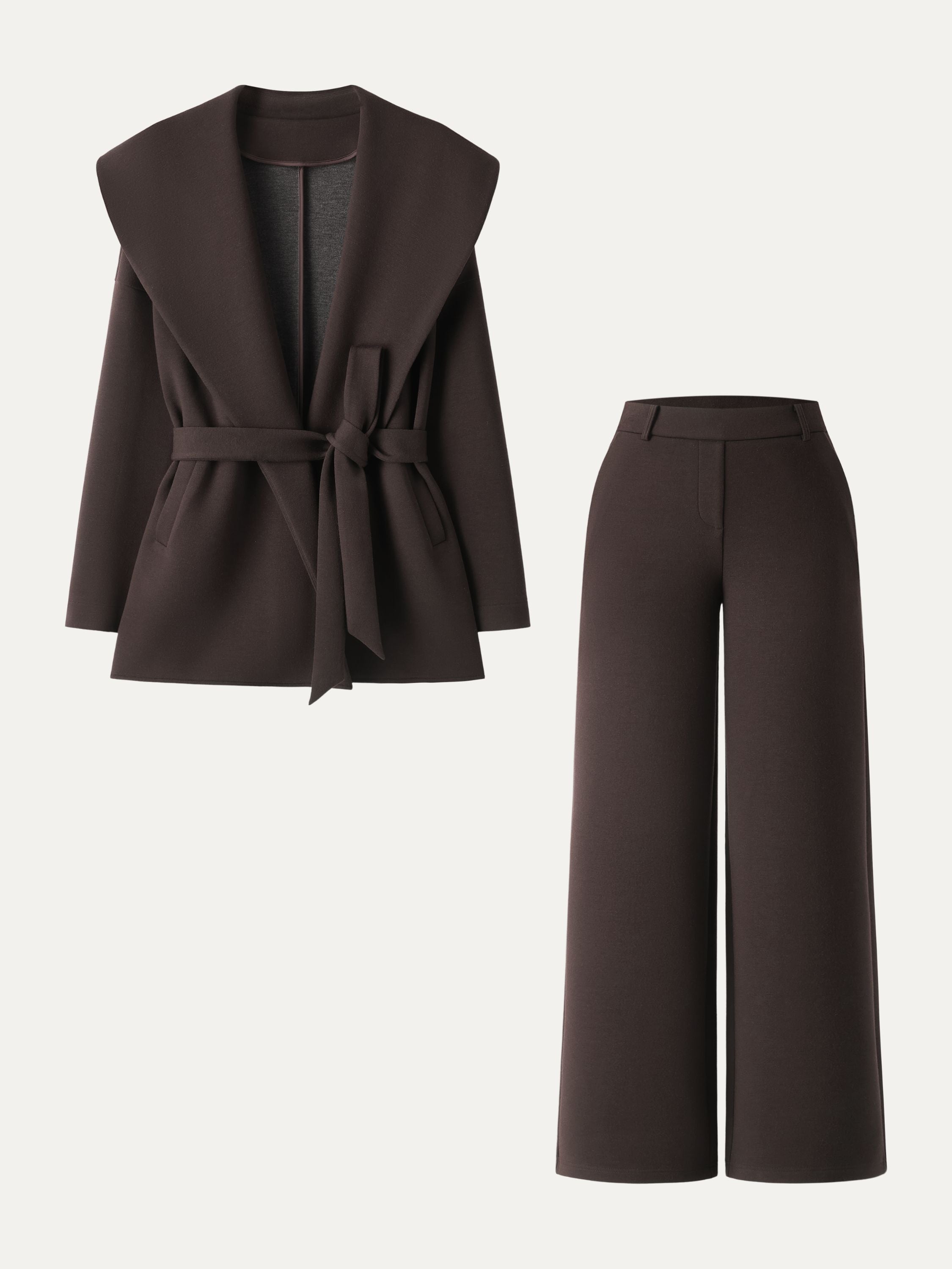 Jero ™ | 2Pcs Set Belted Shawl Collar Robe Jacket & Mid Rise Straight Pants with Pockets