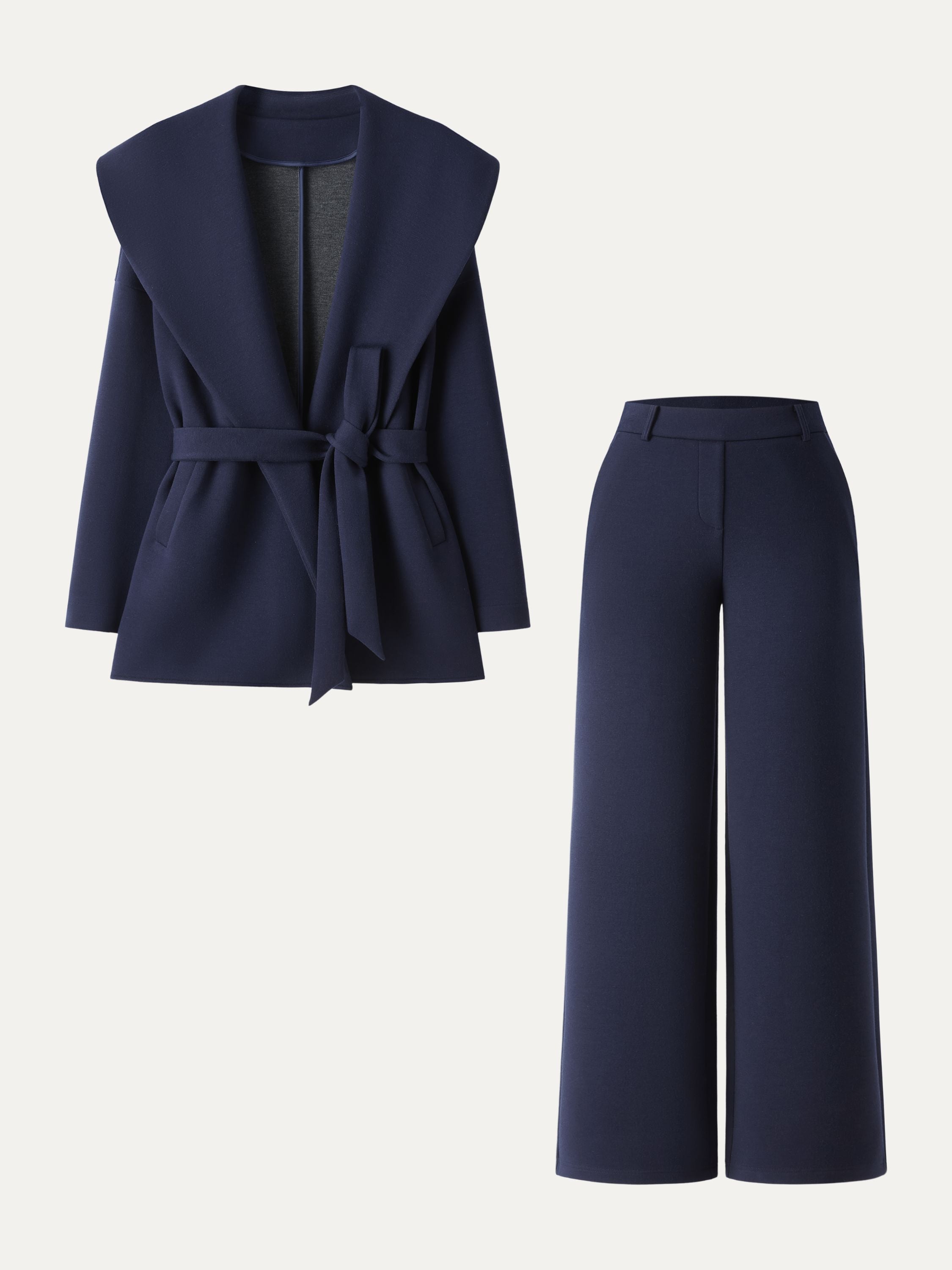 Jero ™ | 2Pcs Set Belted Shawl Collar Robe Jacket & Mid Rise Straight Pants with Pockets