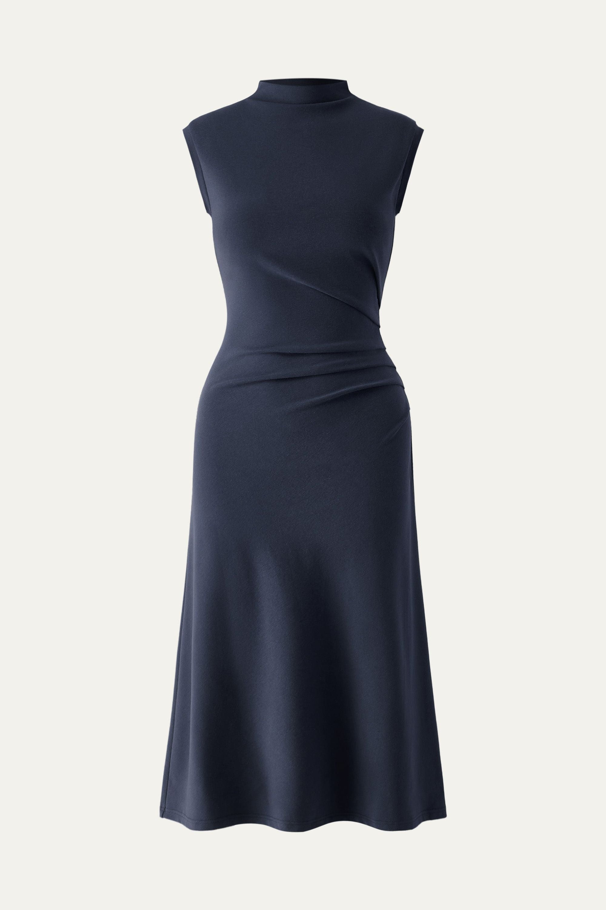 Mockneck Tucks Midi Dress