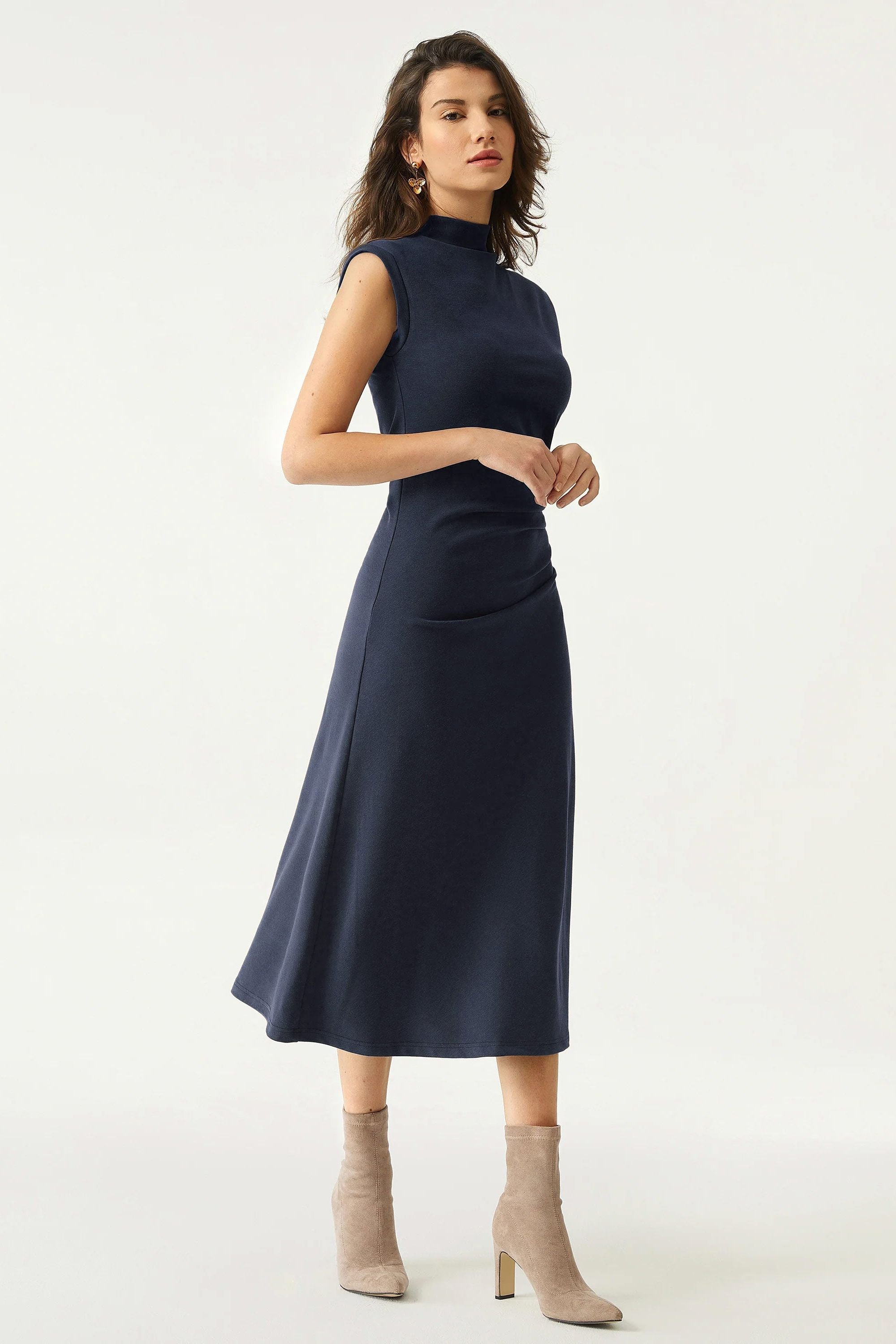 Mockneck Tucks Midi Dress