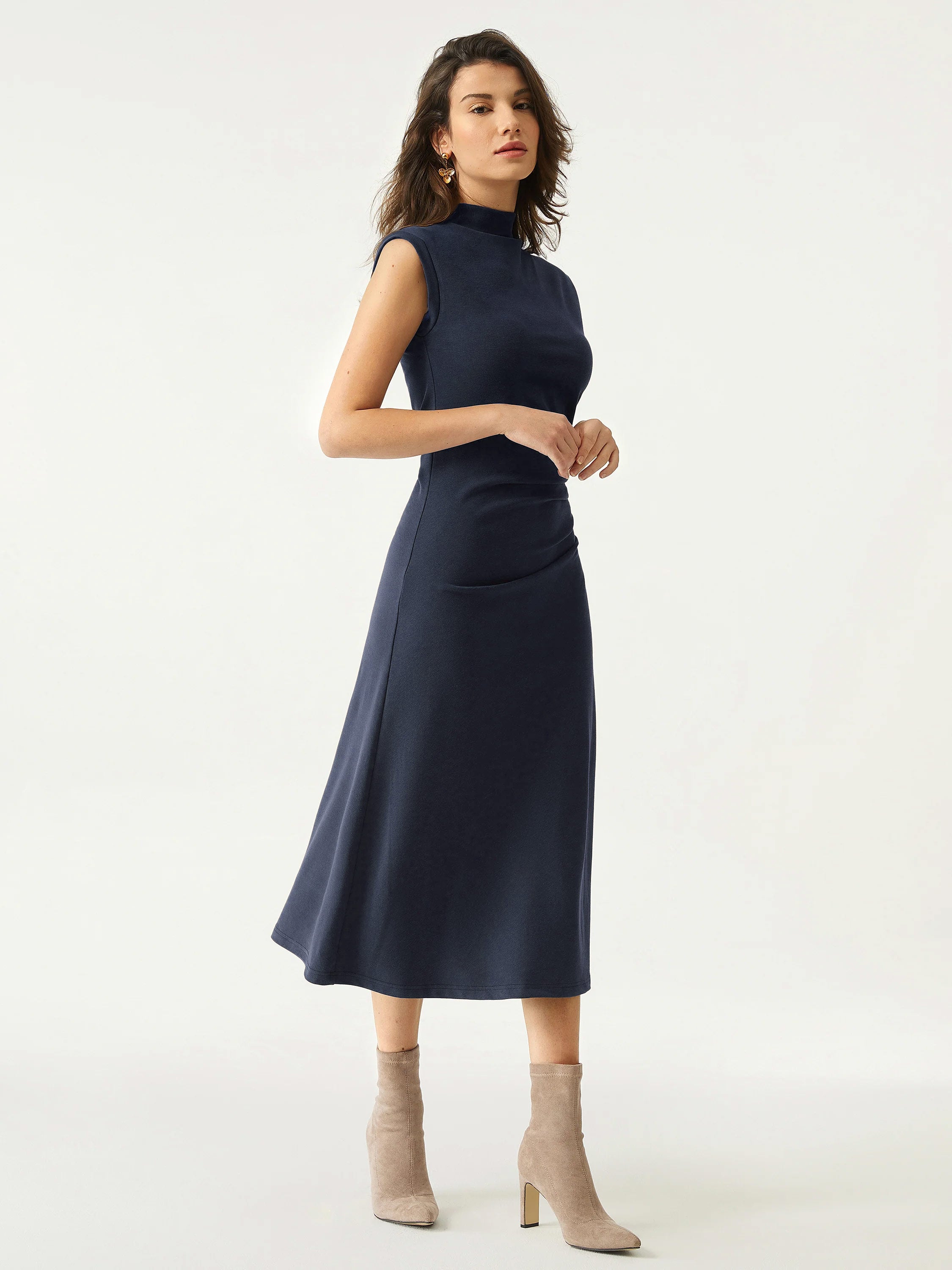 Mockneck Tucks Midi Dress