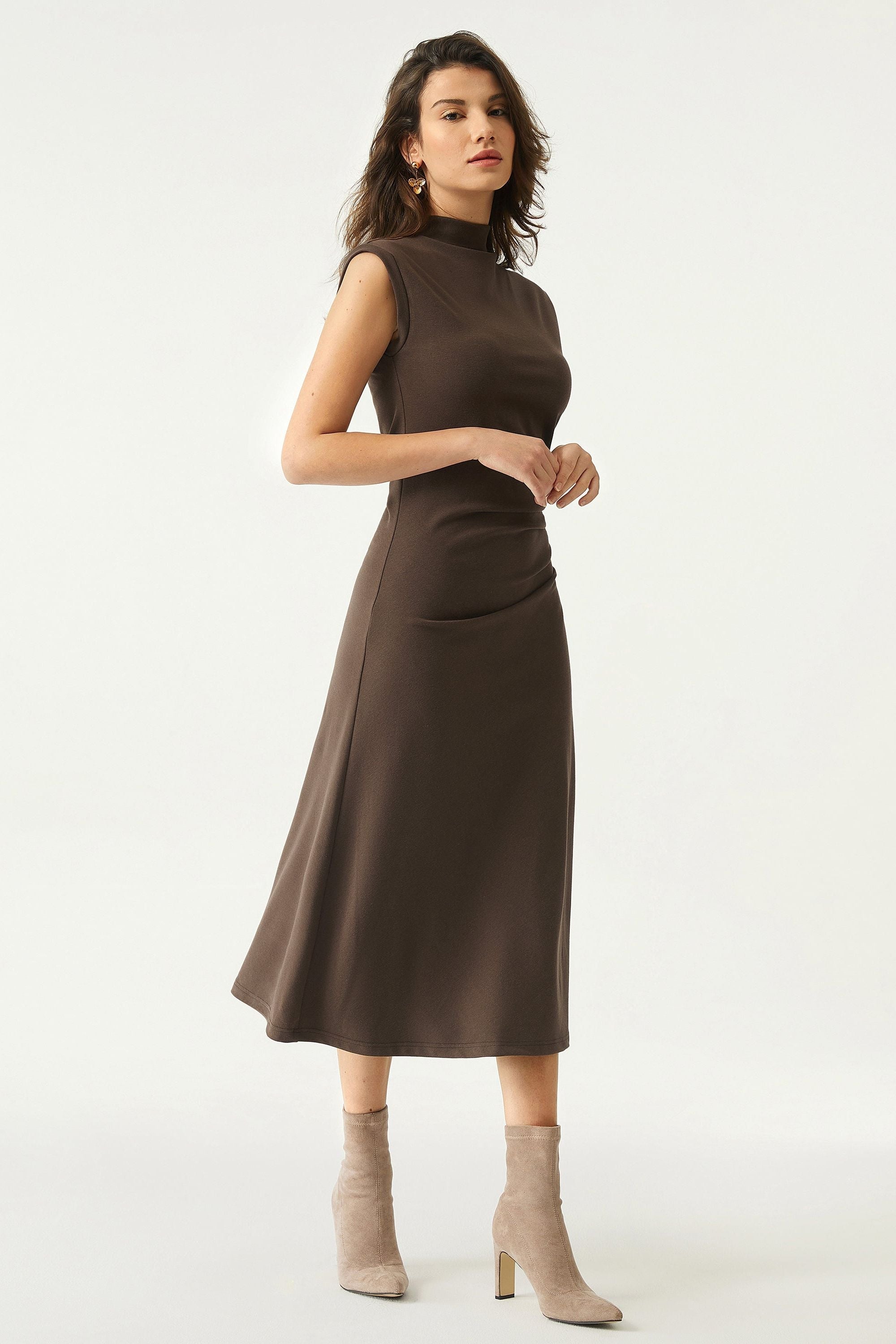 Mockneck Tucks Midi Dress