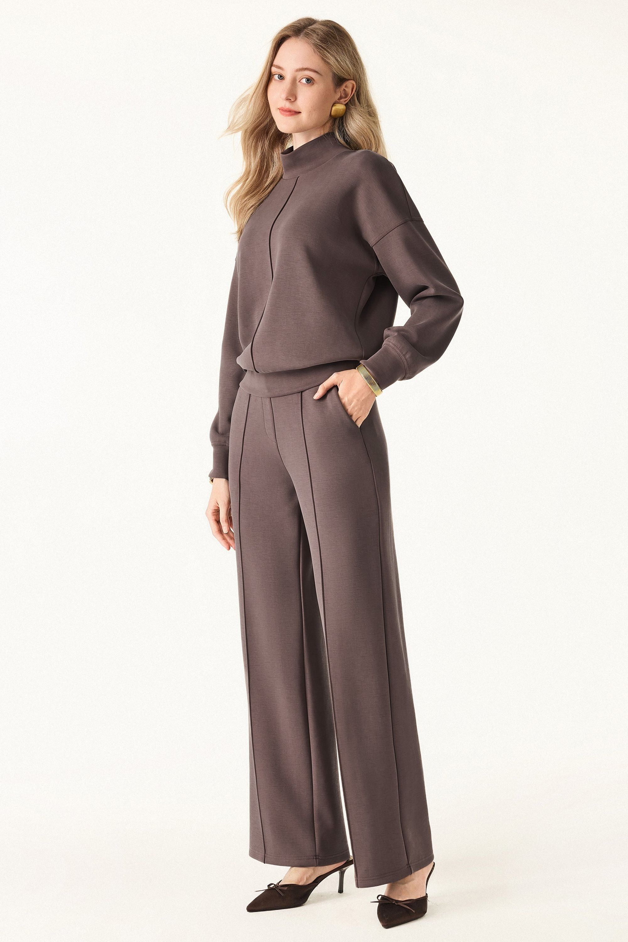 2Pcs Set Mockneck Pullover Shirt & Mid Rise Straight Leg Pants with Pockets