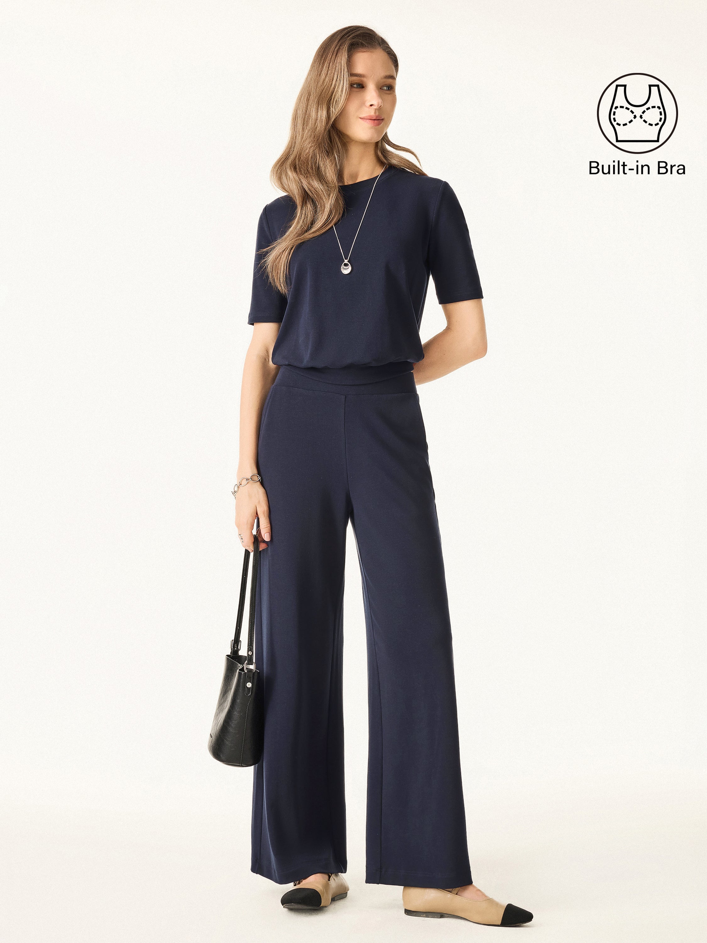 Jero ™ | 2Pcs Set Petite Mid Rise Wide Leg Pants with Pockets & Crewneck Brami with Banded Hem