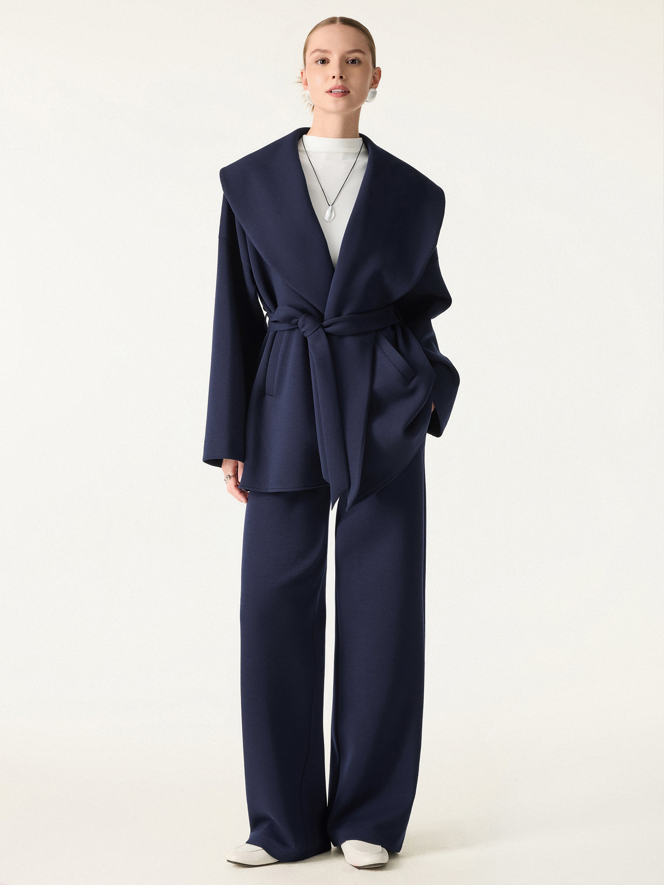 Jero ™ | 2Pcs Set Belted Shawl Collar Robe Jacket & Mid Rise Straight Pants with Pockets