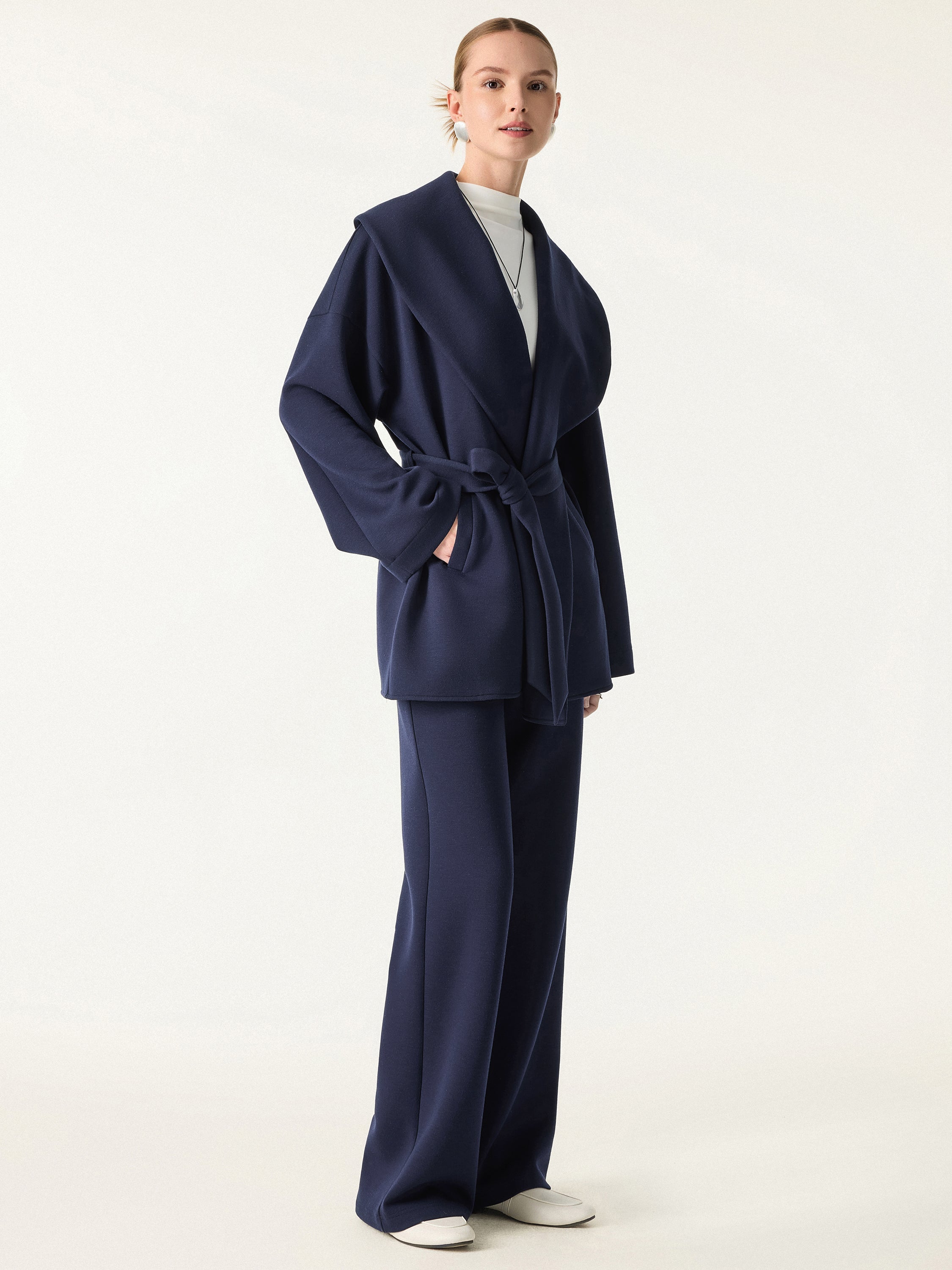 Jero ™ | 2Pcs Set Belted Shawl Collar Robe Jacket & Mid Rise Straight Pants with Pockets