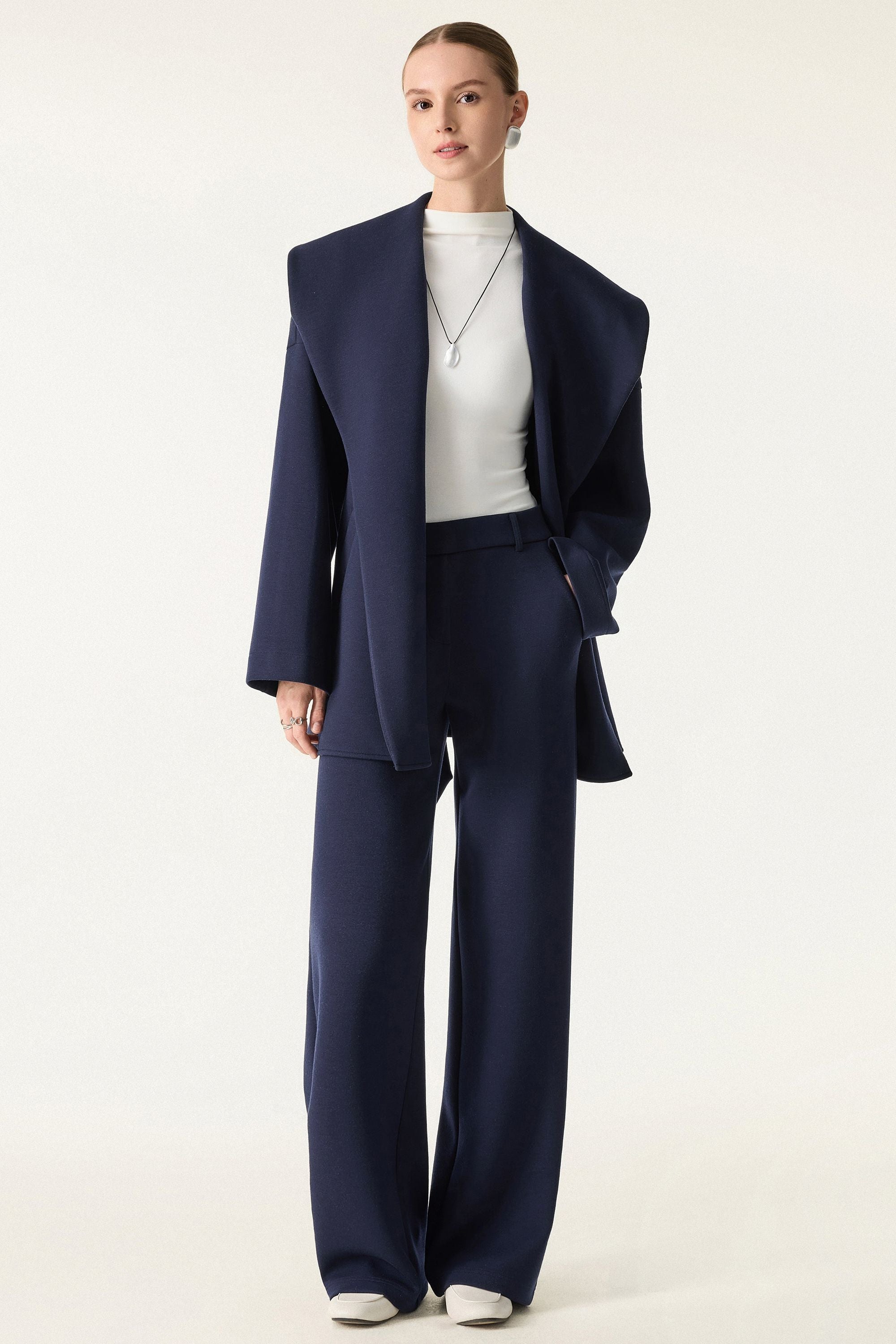 2Pcs Set Belted Shawl Collar Robe Jacket & Mid Rise Straight Pants with Pockets