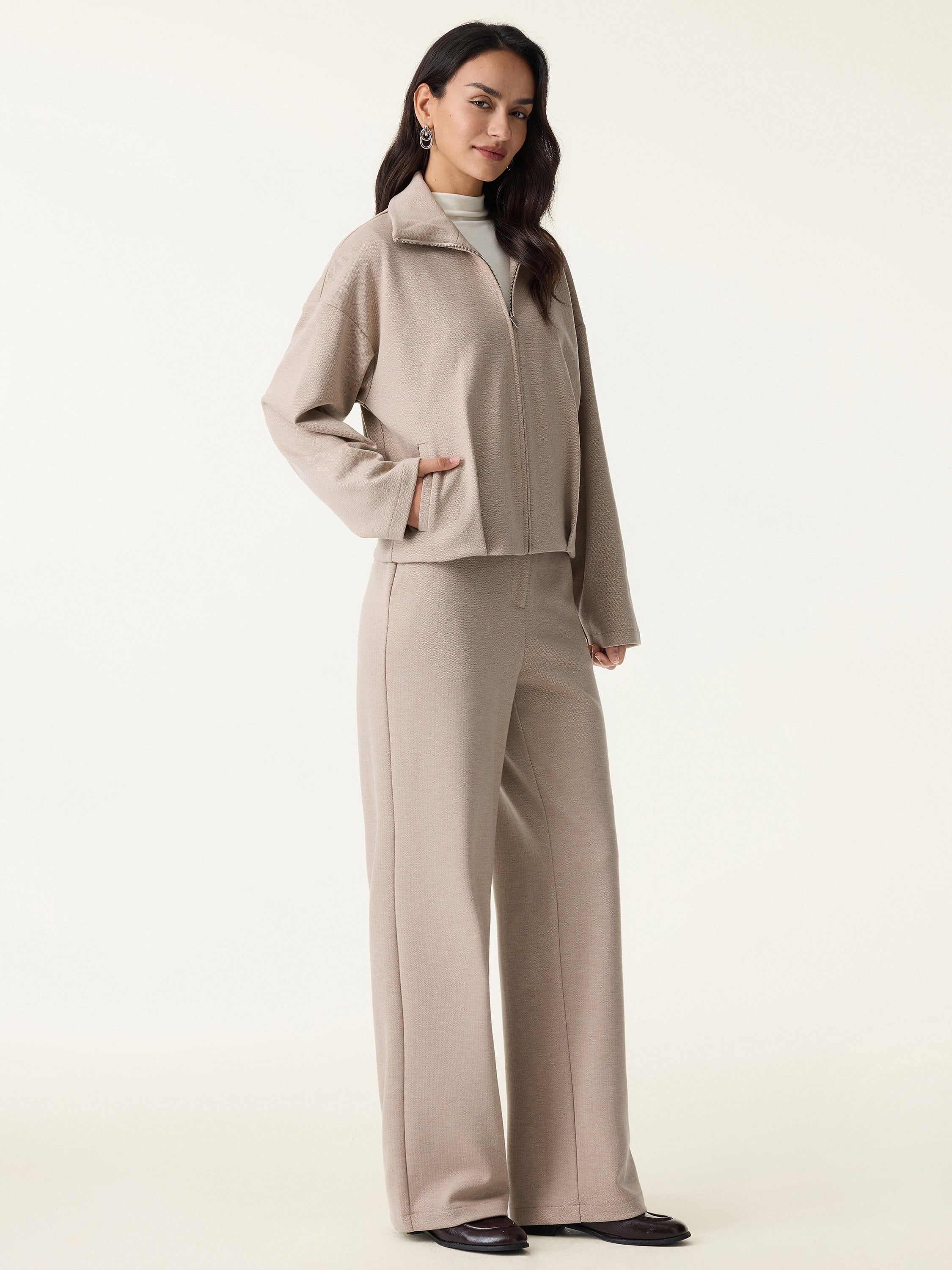Jero ™ | 2Pcs Set Full Zip Jacket & Mid Rise Straight Leg Pants with Pockets