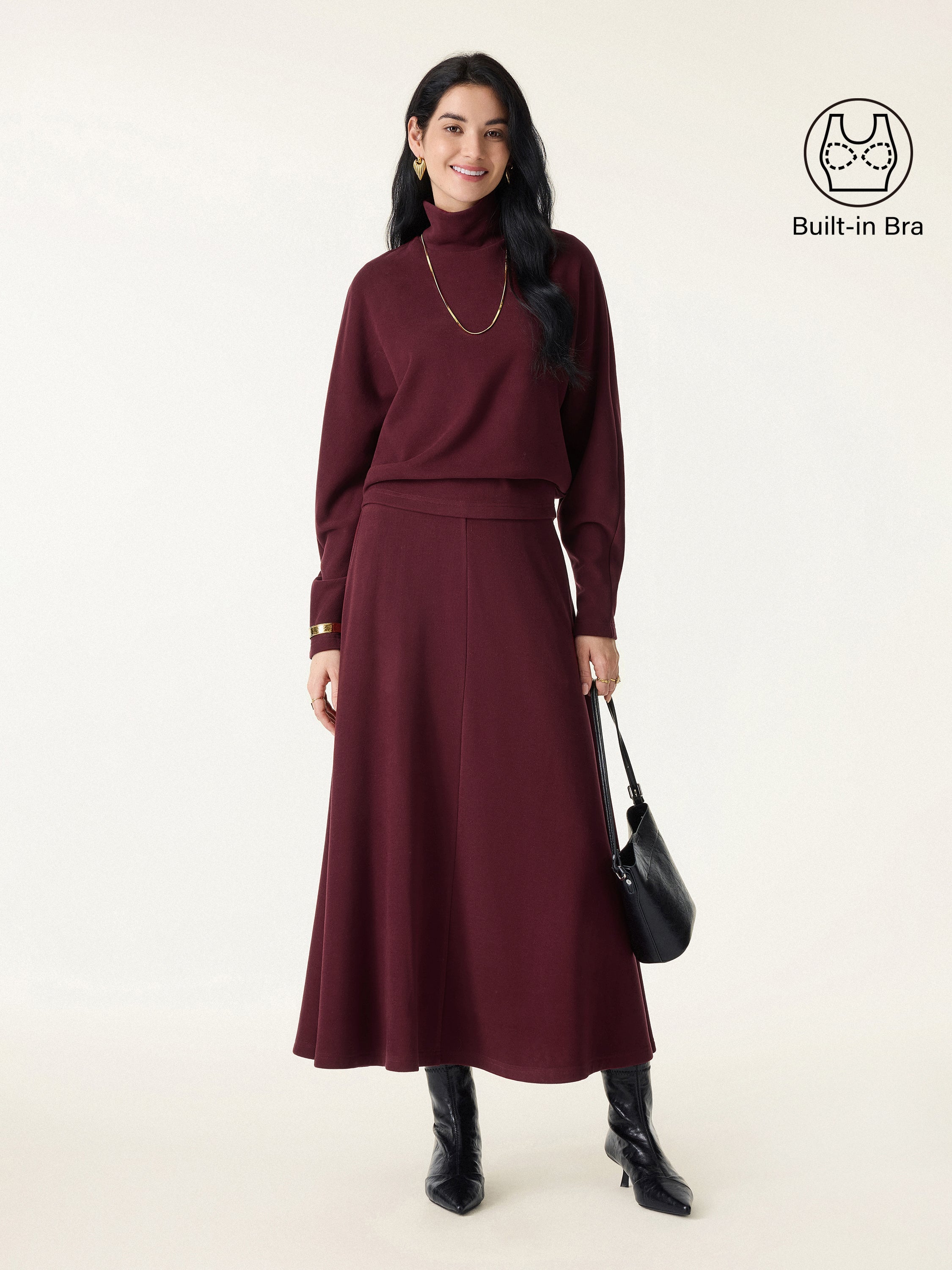Jero ™ | 2Pcs Set Mockneck Batwing Sleeve & Midi Pull-on A-Line Skirt with Pockets