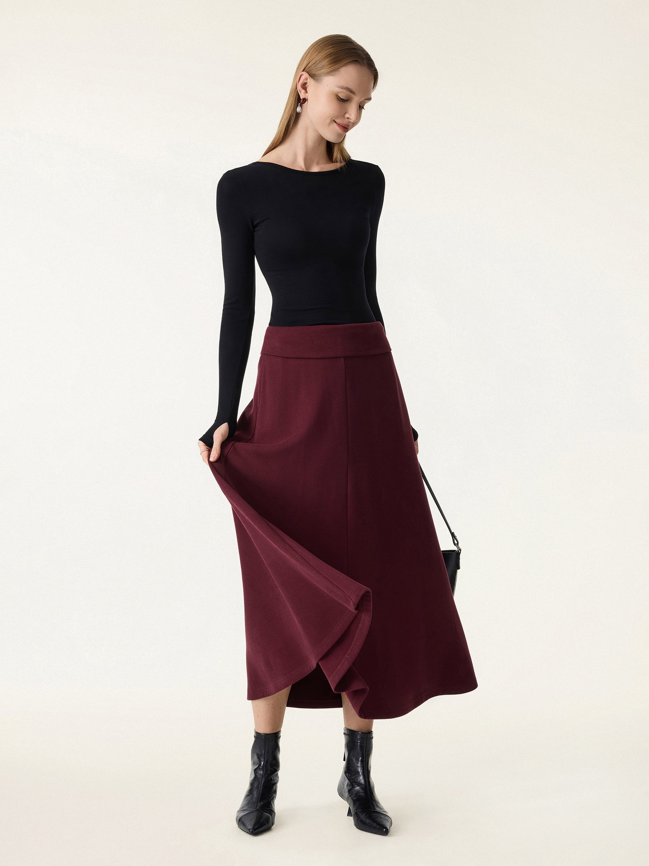 Jero ™ | 2Pcs Set Mockneck Batwing Sleeve & Midi Pull-on A-Line Skirt with Pockets
