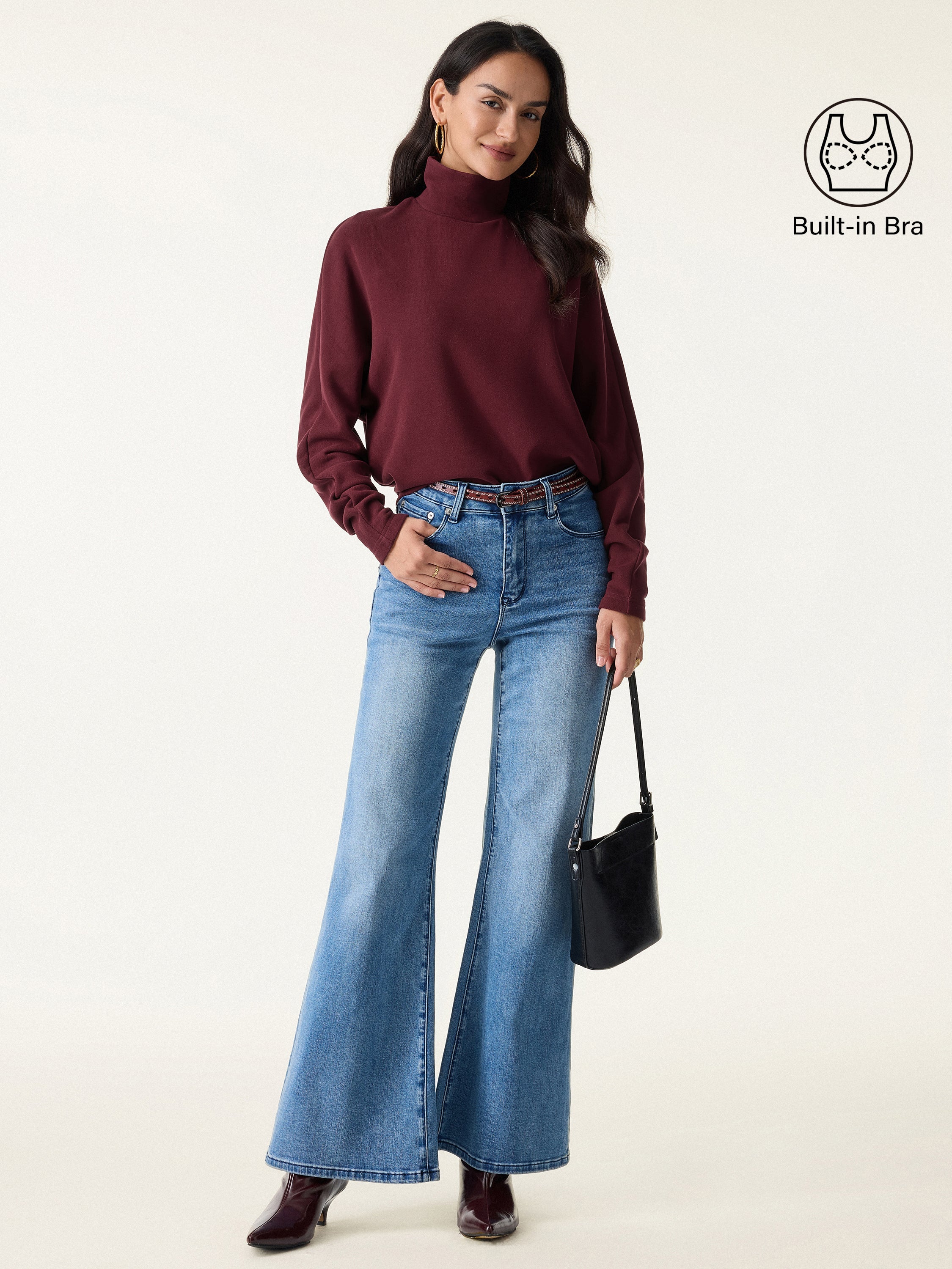 Jero ™ | 2Pcs Set Mockneck Batwing Sleeve & Midi Pull-on A-Line Skirt with Pockets